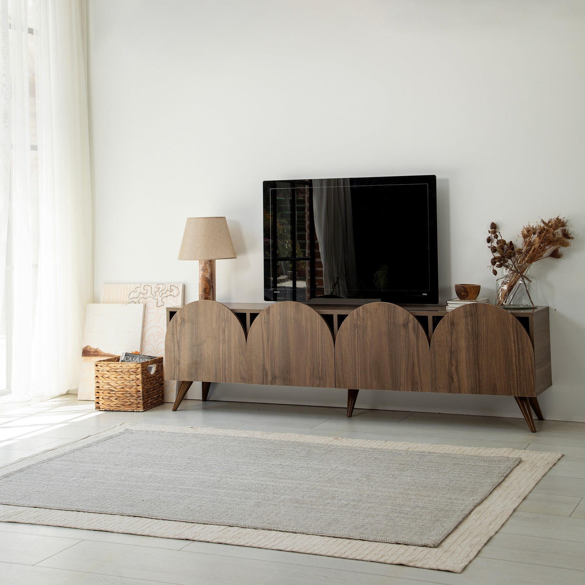 Suporte de TV elegante em nogueira, 180 cm x 50 cm x 35 cm | Aglomerado 100% revestido em melamina, 18 mm de espessura, bordas em PVC | Design moderno para sala de estar