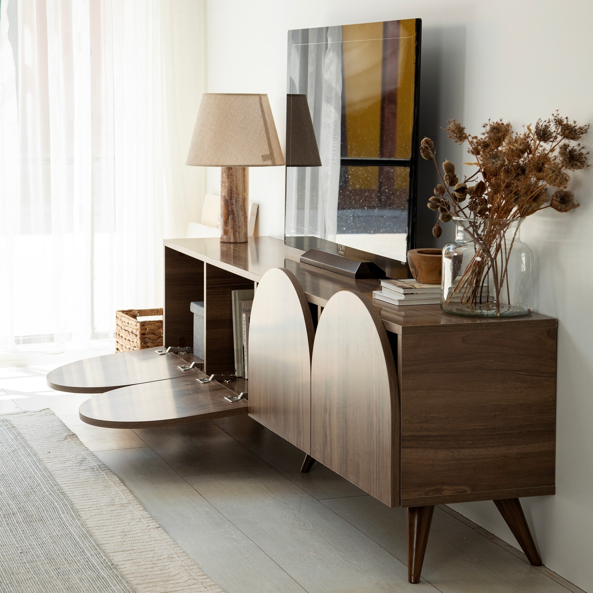 Suporte de TV elegante em nogueira, 180 cm x 50 cm x 35 cm | Aglomerado 100% revestido em melamina, 18 mm de espessura, bordas em PVC | Design moderno para sala de estar