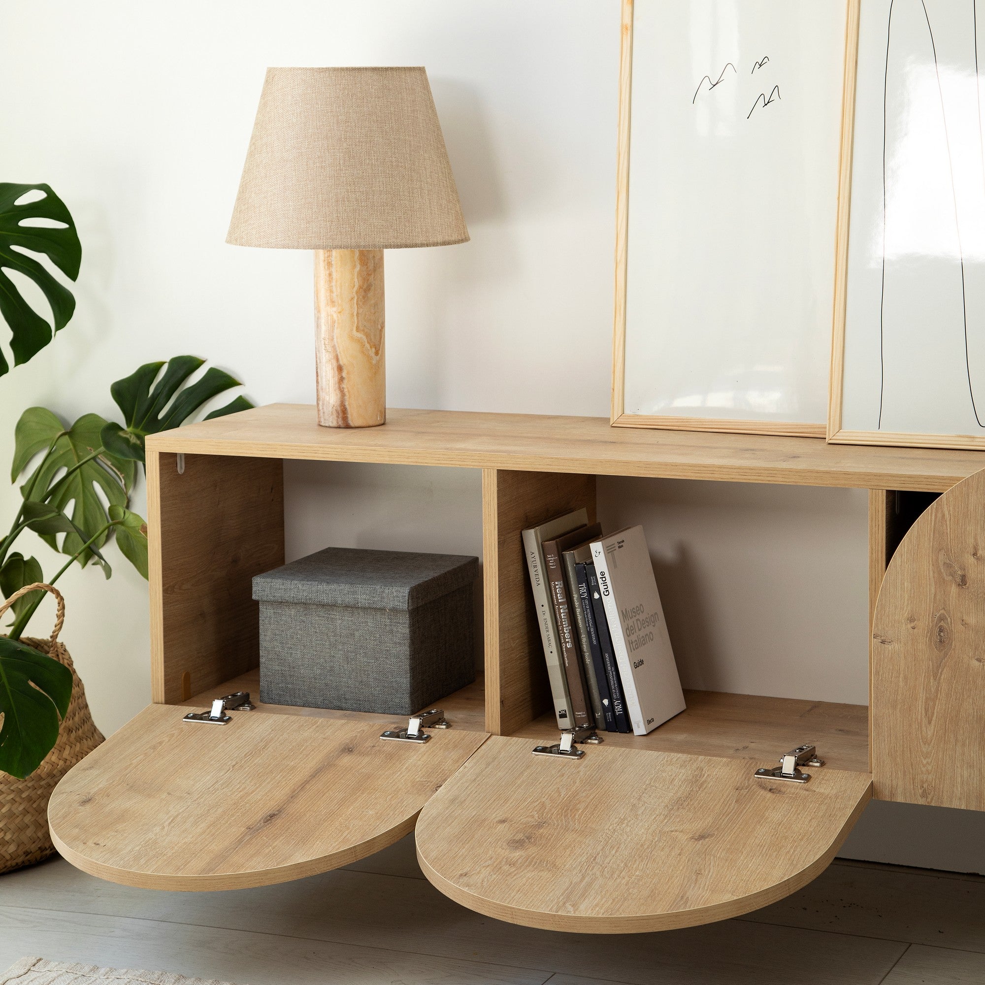 Suporte de TV elegante em carvalho, 180 cm de largura, 35 cm de altura, 35 cm de profundidade | Aglomerado 100% revestido em melamina, 18 mm de espessura | Design moderno, fácil montagem, durável