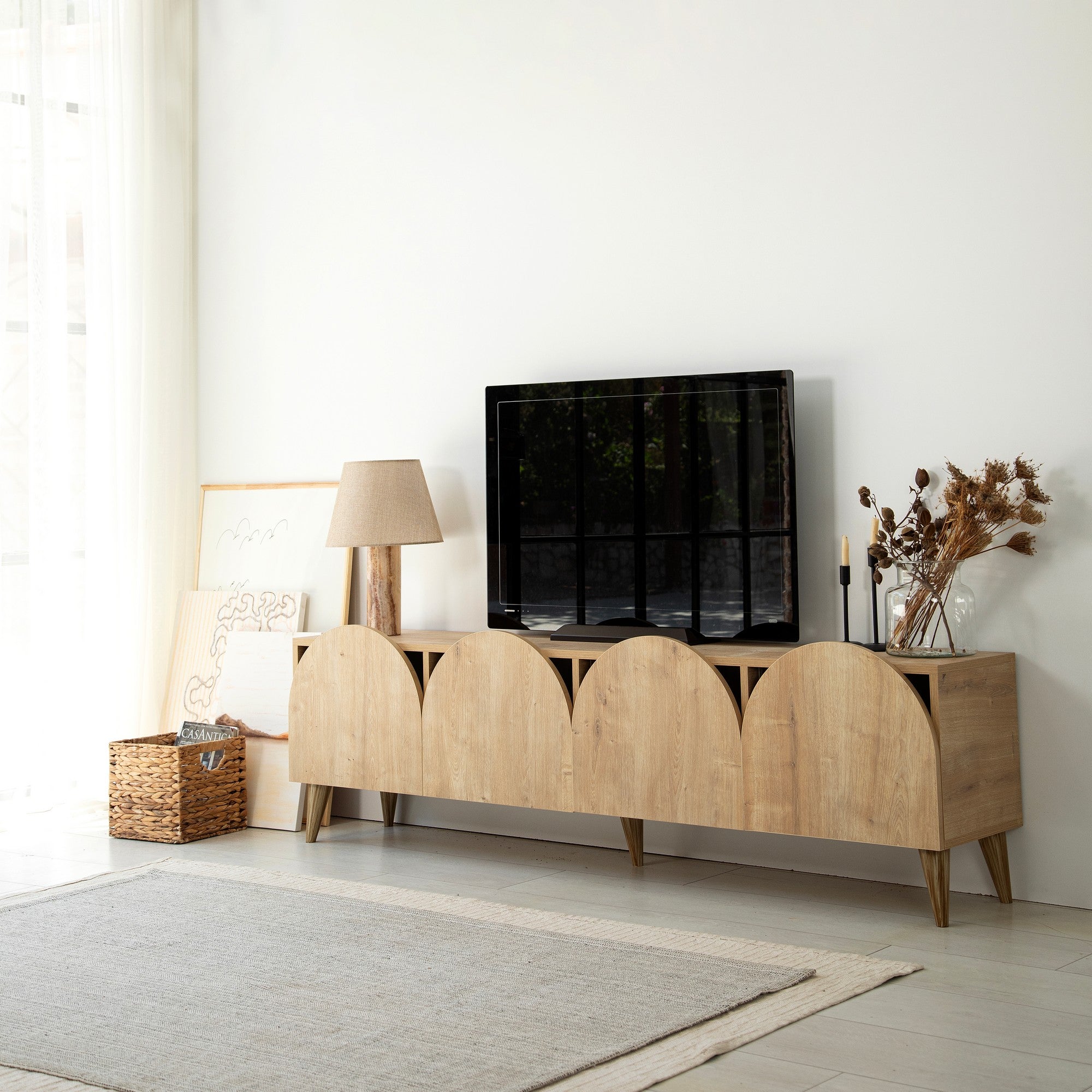 Suporte de TV elegante em carvalho, 180 cm de largura, 50 cm de altura, 35 cm de profundidade | Aglomerado 100% revestido em melamina, 18 mm de espessura | Desmontado para fácil montagem, design moderno