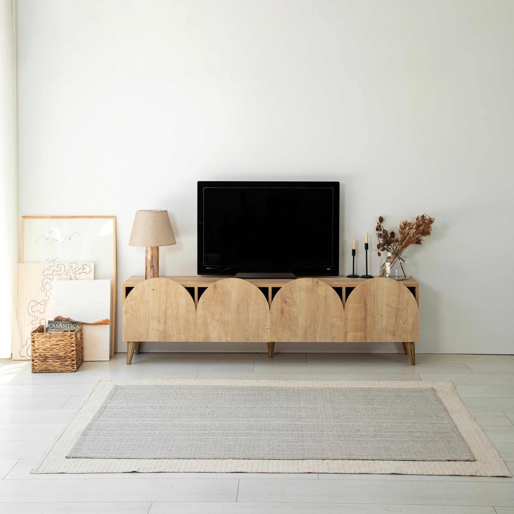 Suporte de TV elegante em carvalho, 180 cm de largura, 50 cm de altura, 35 cm de profundidade | Aglomerado 100% revestido em melamina, 18 mm de espessura | Desmontado para fácil montagem, design moderno