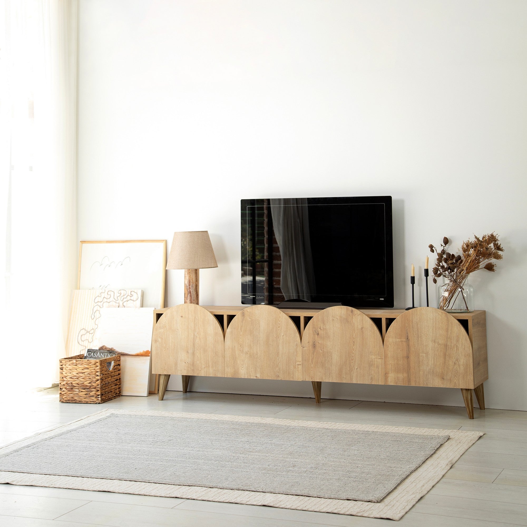 Suporte de TV elegante em carvalho, 180 cm de largura, 50 cm de altura, 35 cm de profundidade | Aglomerado 100% revestido em melamina, 18 mm de espessura | Desmontado para fácil montagem, design moderno