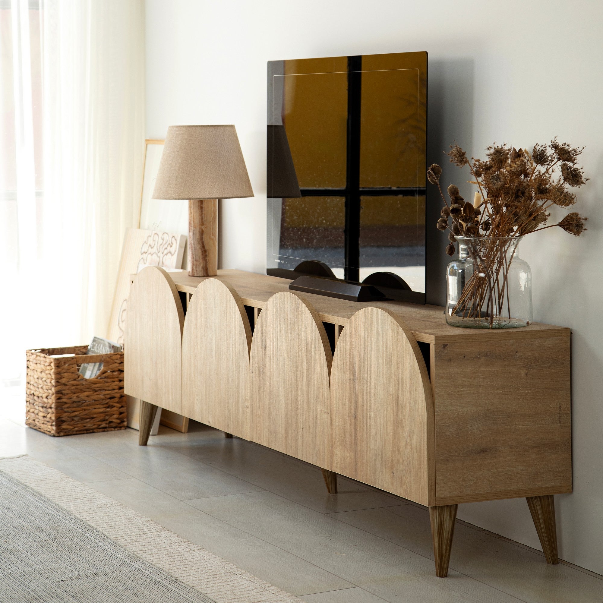 Suporte de TV elegante em carvalho, 180 cm de largura, 50 cm de altura, 35 cm de profundidade | Aglomerado 100% revestido em melamina, 18 mm de espessura | Desmontado para fácil montagem, design moderno