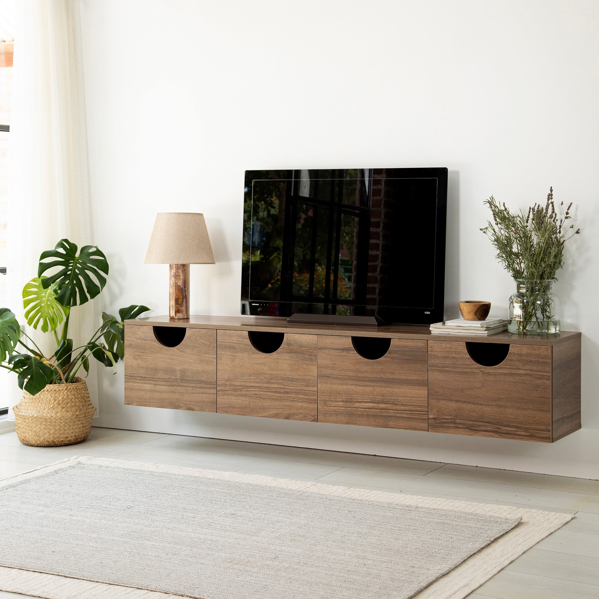 Suporte de TV elegante em nogueira, 180 cm x 35 cm x 35 cm | Aglomerado 100% revestido em melamina, 18 mm de espessura | Bordas de PVC duráveis, fácil montagem