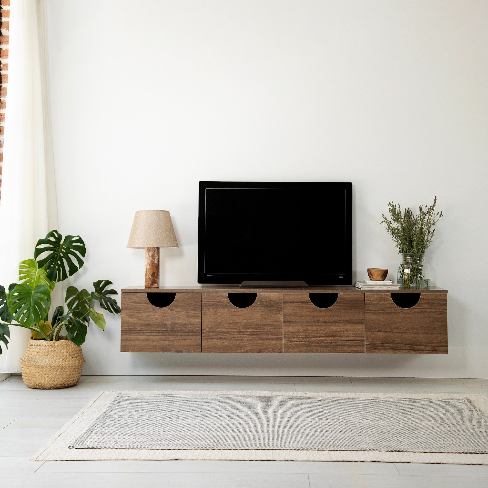 Suporte de TV elegante em nogueira, 180 cm x 35 cm x 35 cm | Aglomerado 100% revestido em melamina, 18 mm de espessura | Bordas de PVC duráveis, fácil montagem