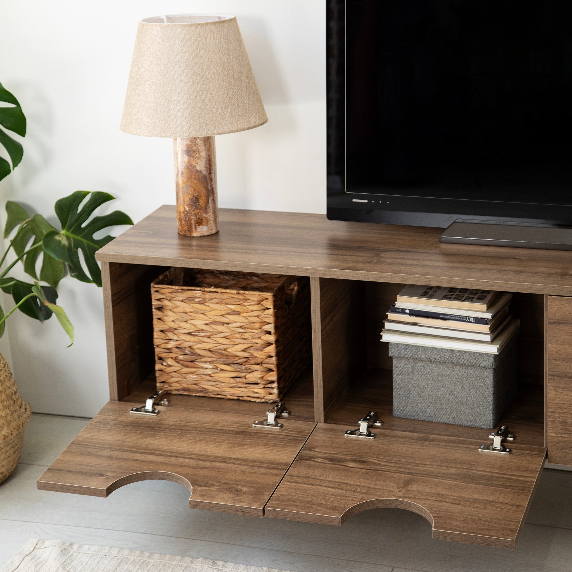 Suporte de TV elegante em nogueira, 180 cm x 35 cm x 35 cm | Aglomerado 100% revestido em melamina, 18 mm de espessura | Bordas de PVC duráveis, fácil montagem