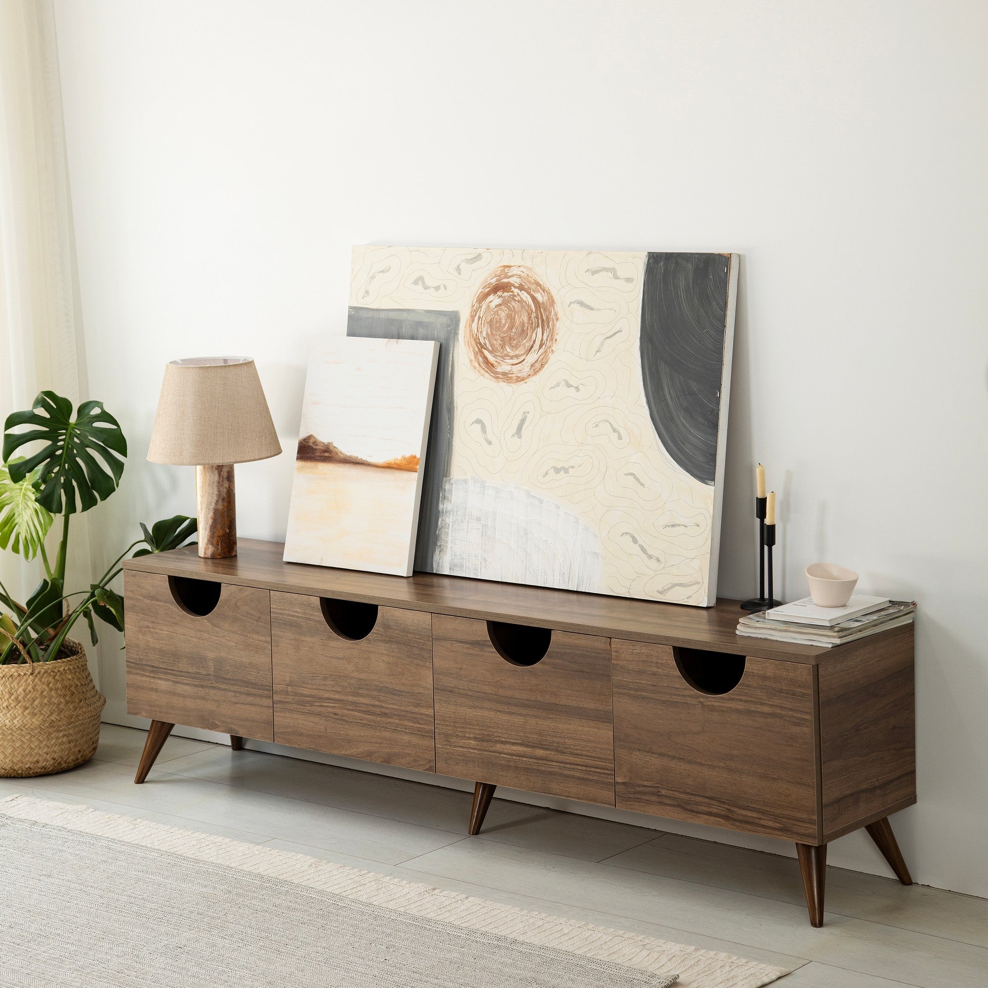 Suporte de TV elegante em nogueira, 180 cm x 50 cm x 35 cm | Aglomerado 100% revestido em melamina, 18 mm de espessura, bordas em PVC | Design moderno para sala de estar