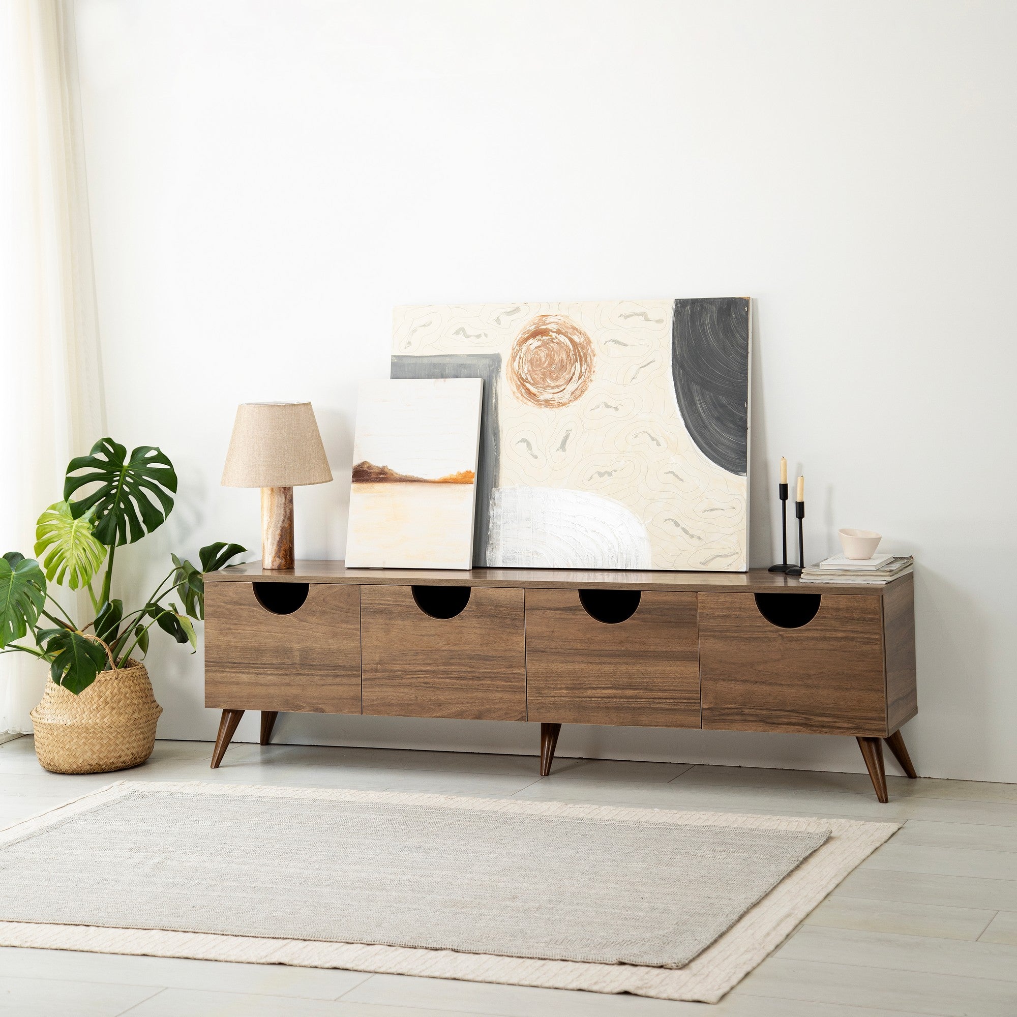 Suporte de TV elegante em nogueira, 180 cm x 50 cm x 35 cm | Aglomerado 100% revestido em melamina, 18 mm de espessura, bordas em PVC | Design moderno para sala de estar