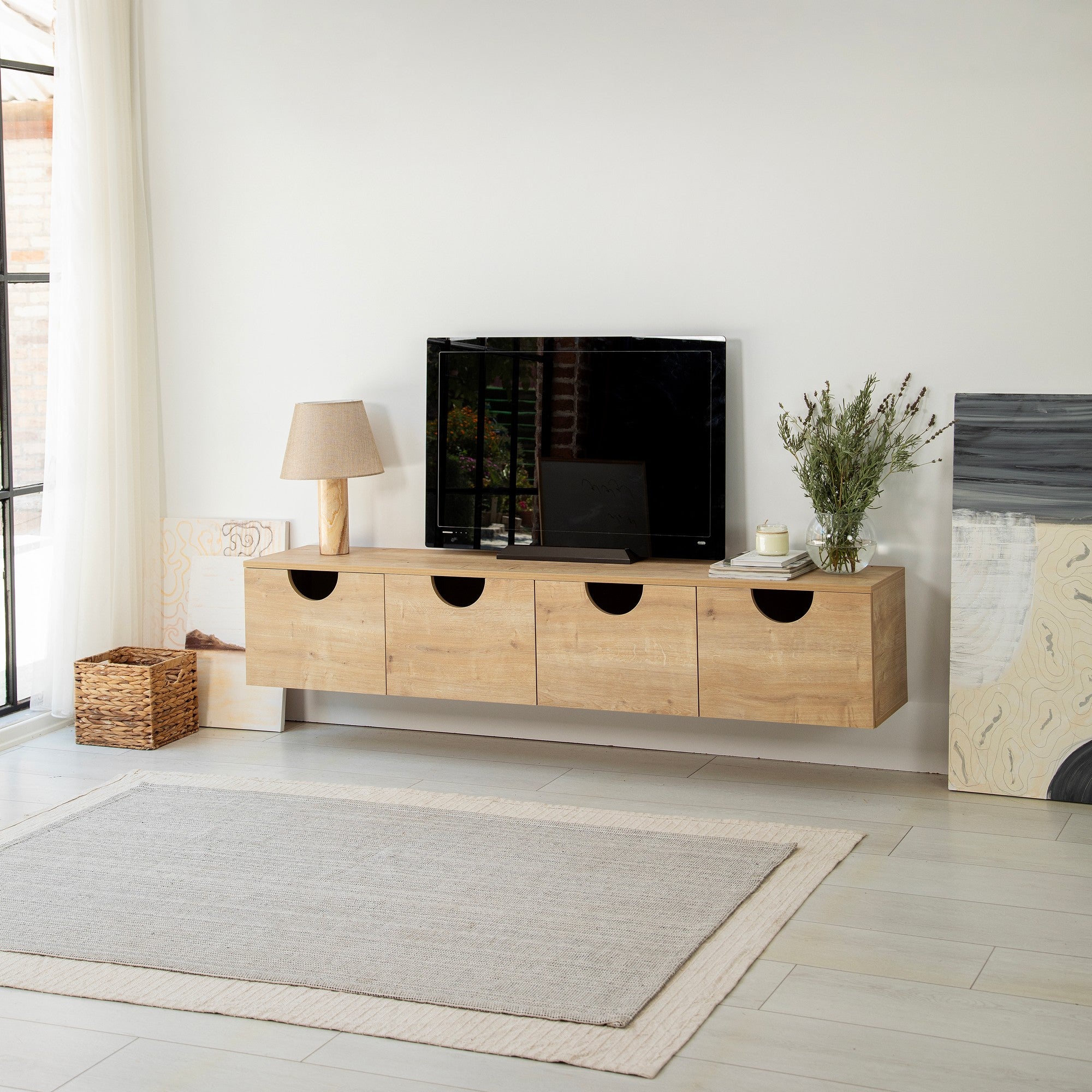 Suporte de TV elegante em carvalho, 180 cm de largura, 35 cm de altura, 35 cm de profundidade | Aglomerado 100% revestido em melamina, 18 mm de espessura | Design moderno, fácil montagem, durável
