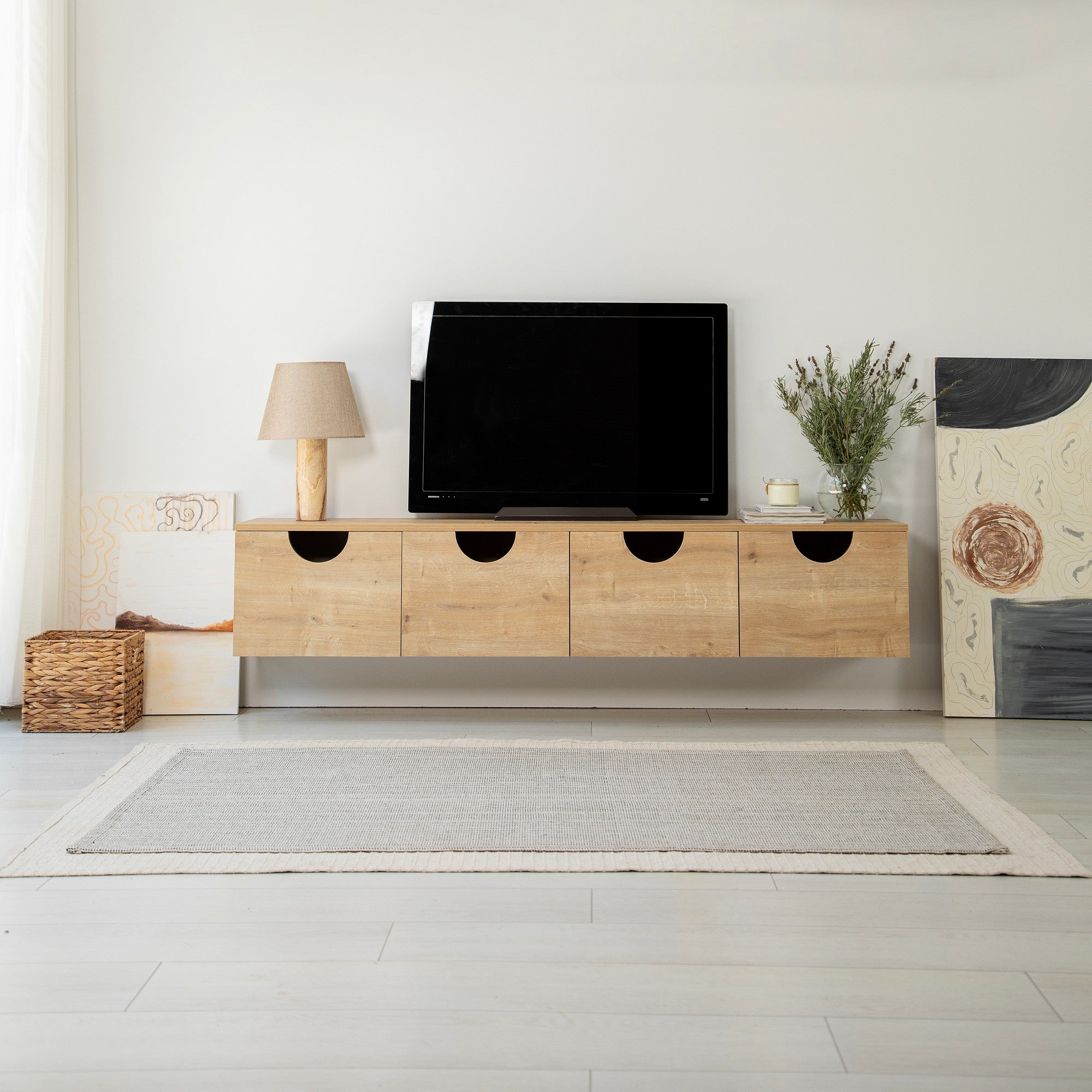 Suporte de TV elegante em carvalho, 180 cm de largura, 35 cm de altura, 35 cm de profundidade | Aglomerado 100% revestido em melamina, 18 mm de espessura | Design moderno, fácil montagem, durável