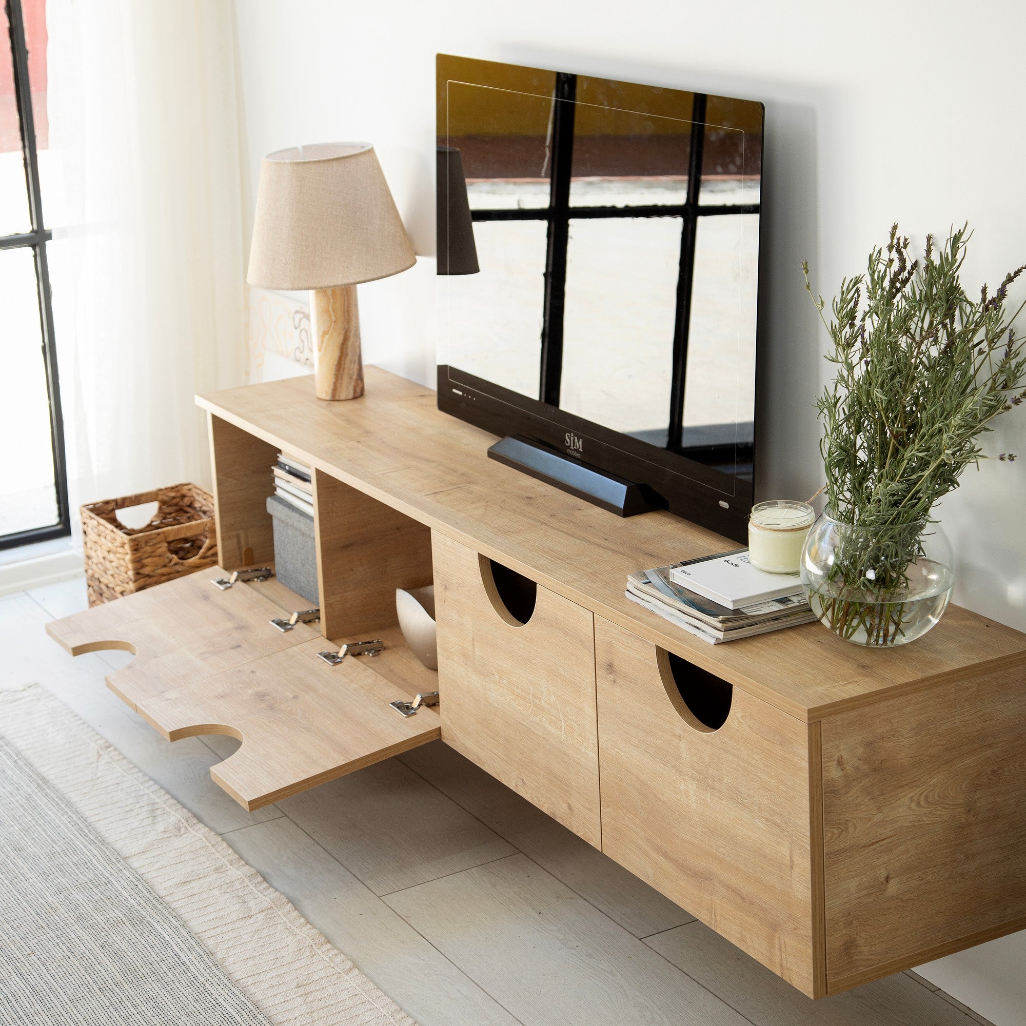 Suporte de TV elegante em carvalho, 180 cm de largura, 35 cm de altura, 35 cm de profundidade | Aglomerado 100% revestido em melamina, 18 mm de espessura | Design moderno, fácil montagem, durável