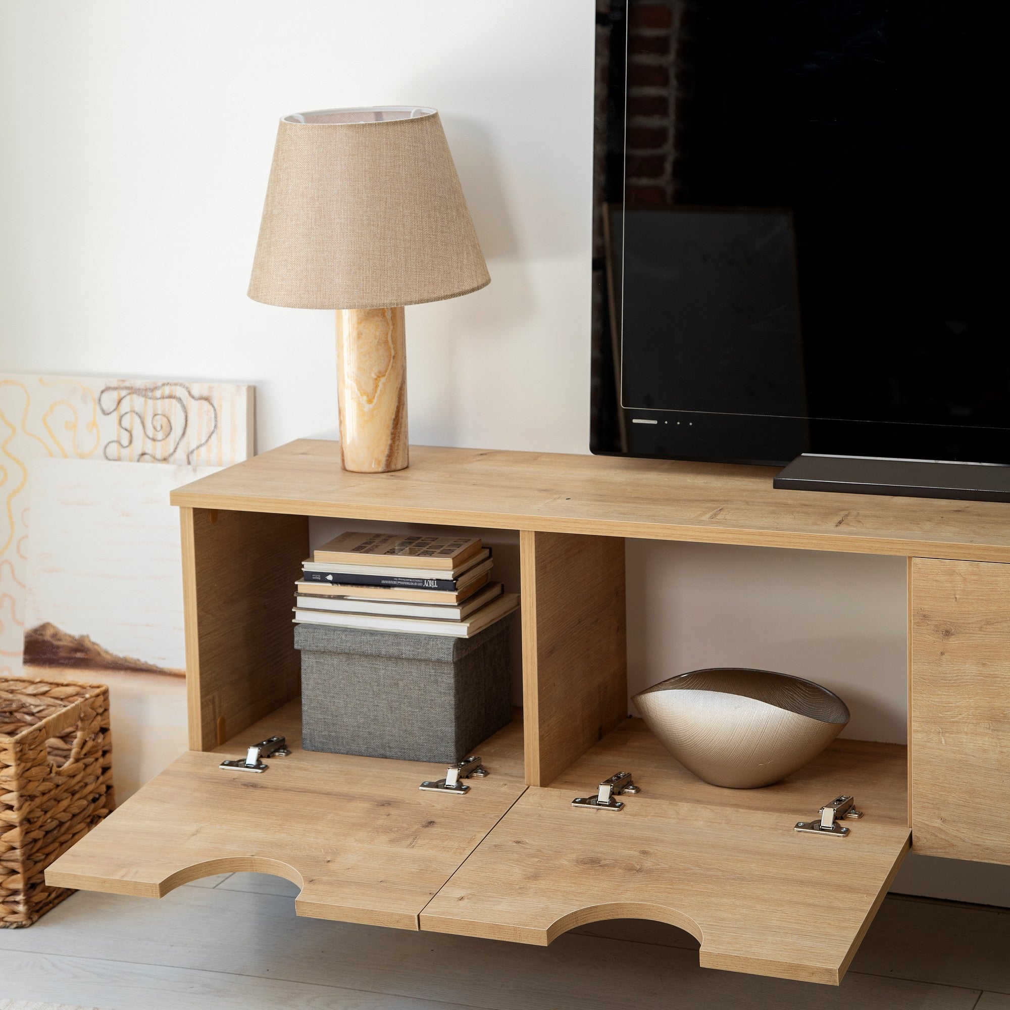 Suporte de TV elegante em carvalho, 180 cm de largura, 35 cm de altura, 35 cm de profundidade | Aglomerado 100% revestido em melamina, 18 mm de espessura | Design moderno, fácil montagem, durável