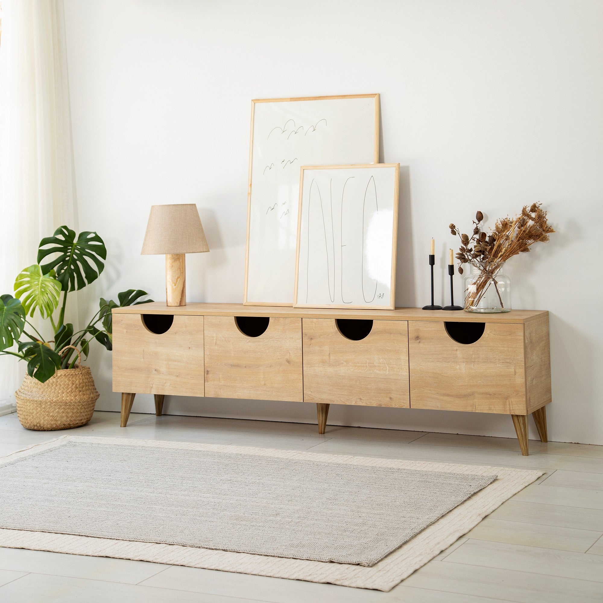 Suporte de TV elegante em carvalho, 180 cm de largura, 50 cm de altura, 35 cm de profundidade | Aglomerado 100% revestido em melamina, 18 mm de espessura | Desmontado para fácil montagem, design moderno