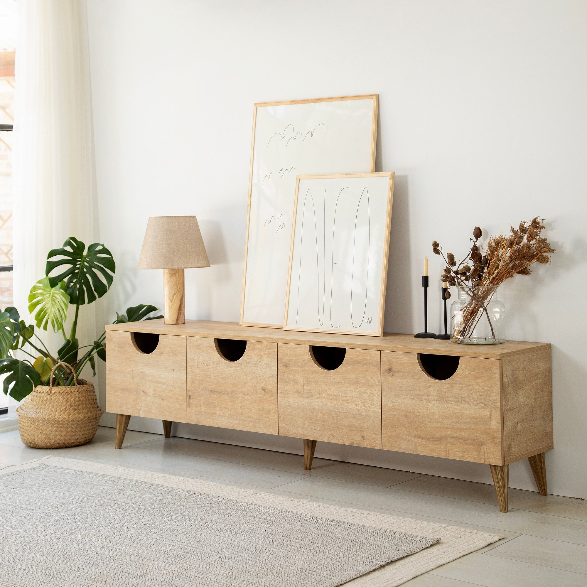 Suporte de TV elegante em carvalho, 180 cm de largura, 50 cm de altura, 35 cm de profundidade | Aglomerado 100% revestido em melamina, 18 mm de espessura | Desmontado para fácil montagem, design moderno