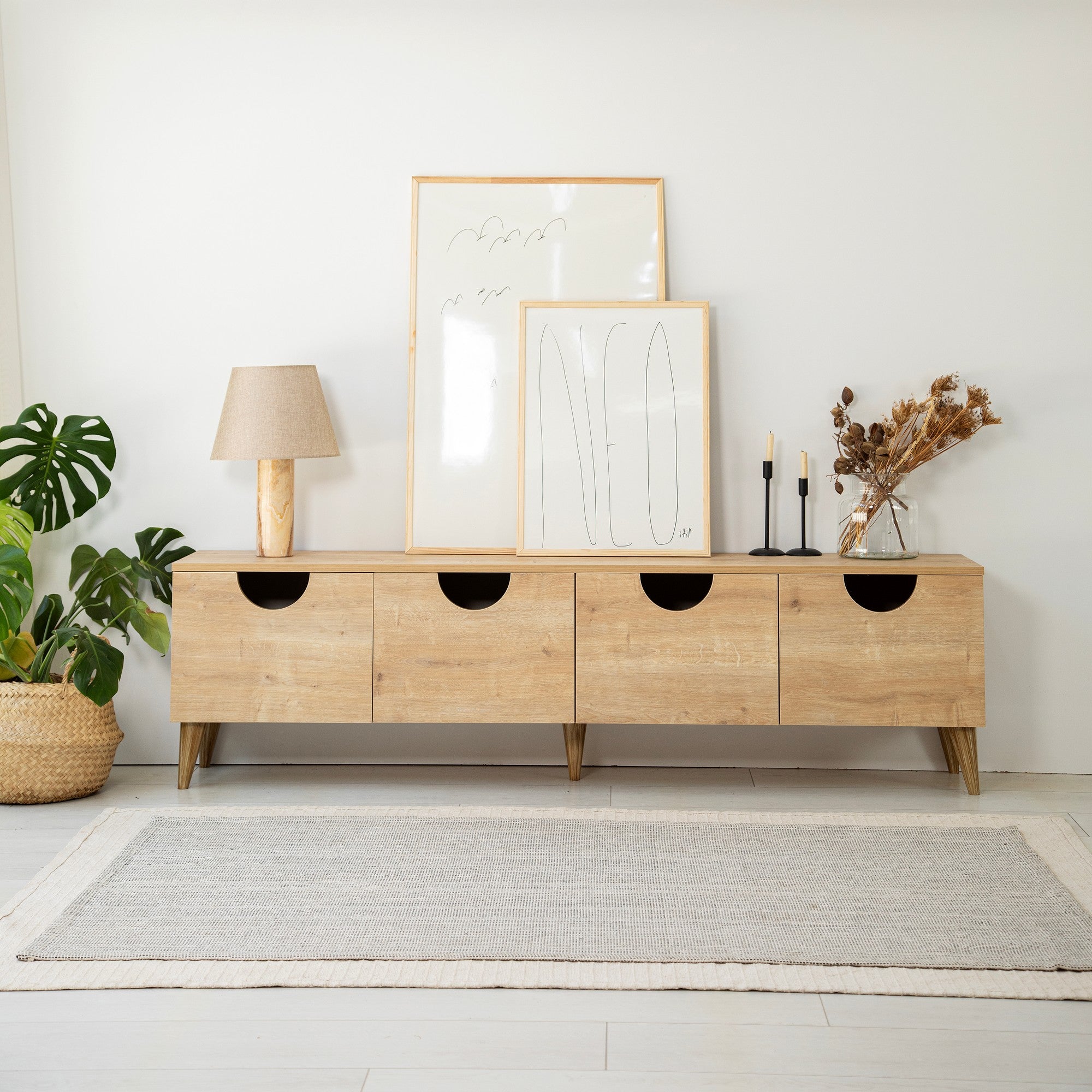 Suporte de TV elegante em carvalho, 180 cm de largura, 50 cm de altura, 35 cm de profundidade | Aglomerado 100% revestido em melamina, 18 mm de espessura | Desmontado para fácil montagem, design moderno