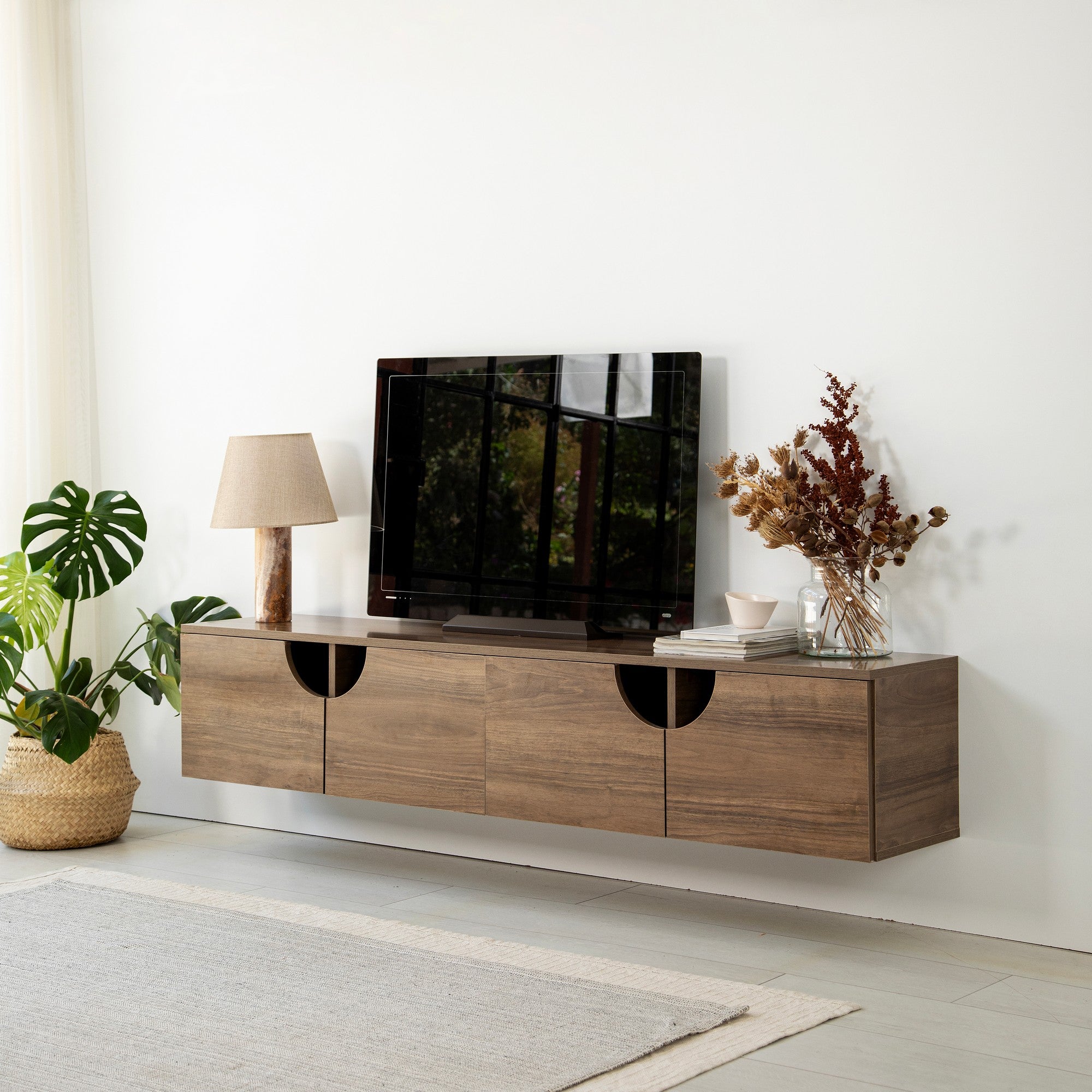 Suporte de TV elegante em nogueira, 180 cm x 35 cm x 35 cm | Aglomerado 100% revestido em melamina, 18 mm de espessura | Bordas de PVC duráveis, fácil montagem