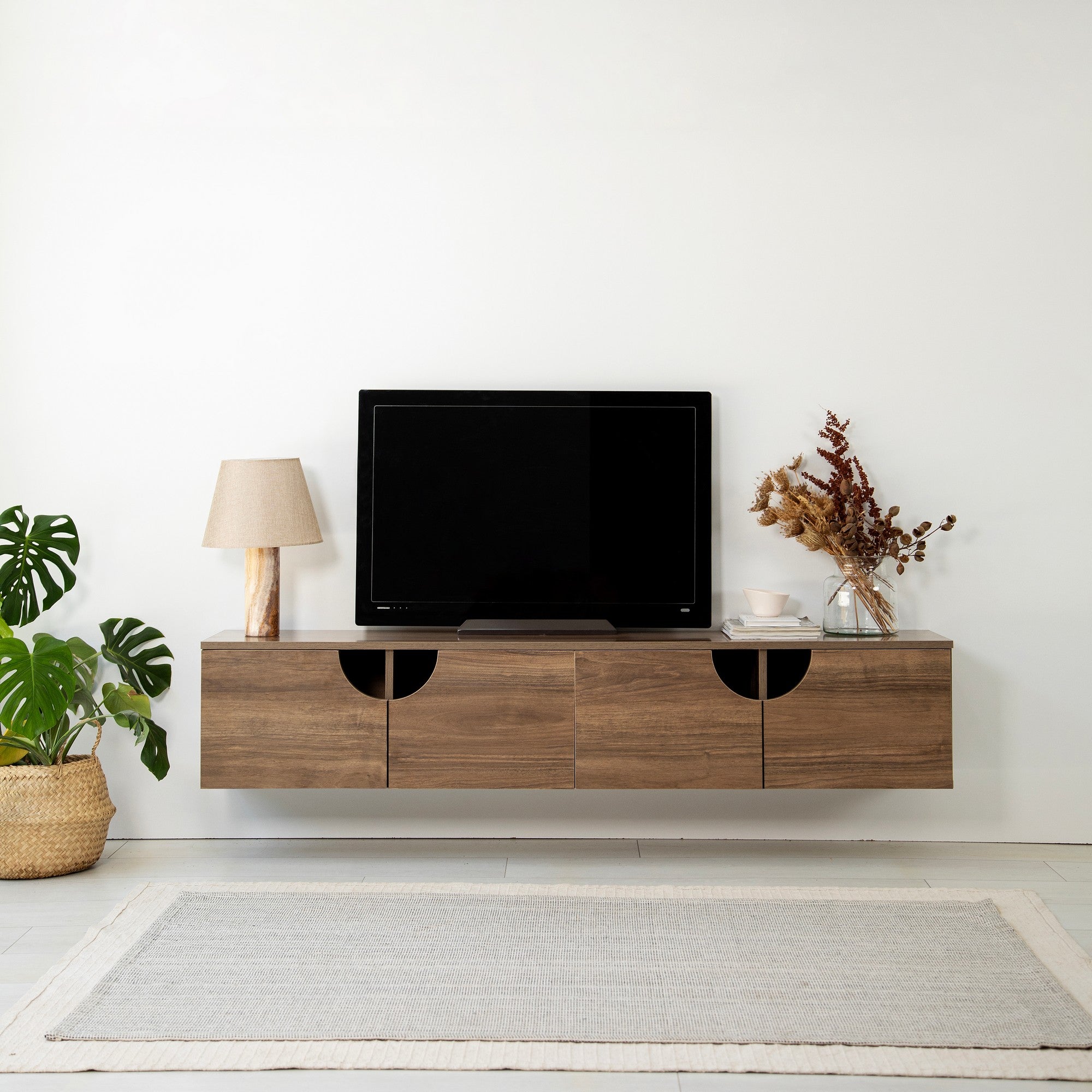 Suporte de TV elegante em nogueira, 180 cm x 35 cm x 35 cm | Aglomerado 100% revestido em melamina, 18 mm de espessura | Bordas de PVC duráveis, fácil montagem