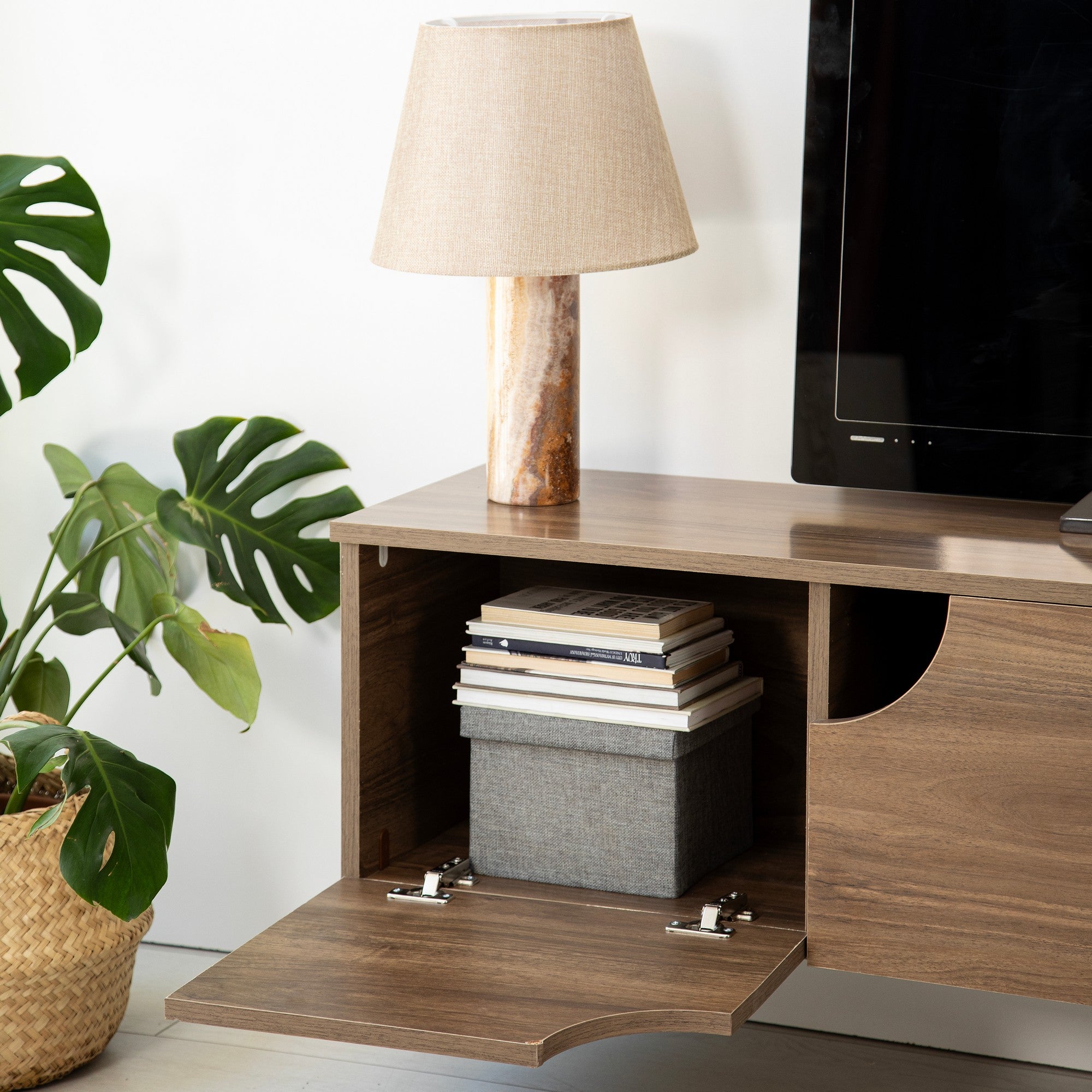 Suporte de TV elegante em nogueira, 180 cm x 35 cm x 35 cm | Aglomerado 100% revestido em melamina, 18 mm de espessura | Bordas de PVC duráveis, fácil montagem