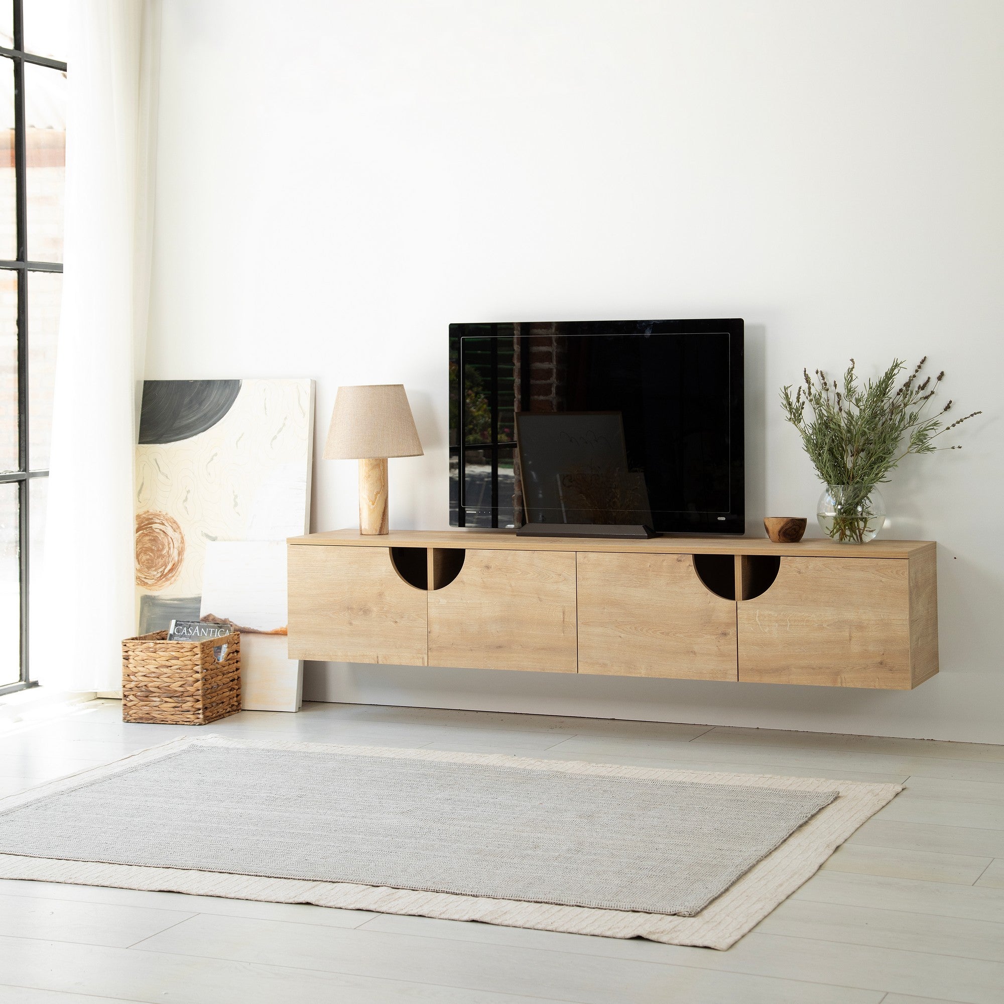 Suporte de TV elegante em carvalho, 180 cm de largura, 35 cm de altura, 35 cm de profundidade | Aglomerado 100% revestido em melamina, 18 mm de espessura | Design moderno, fácil montagem, durável