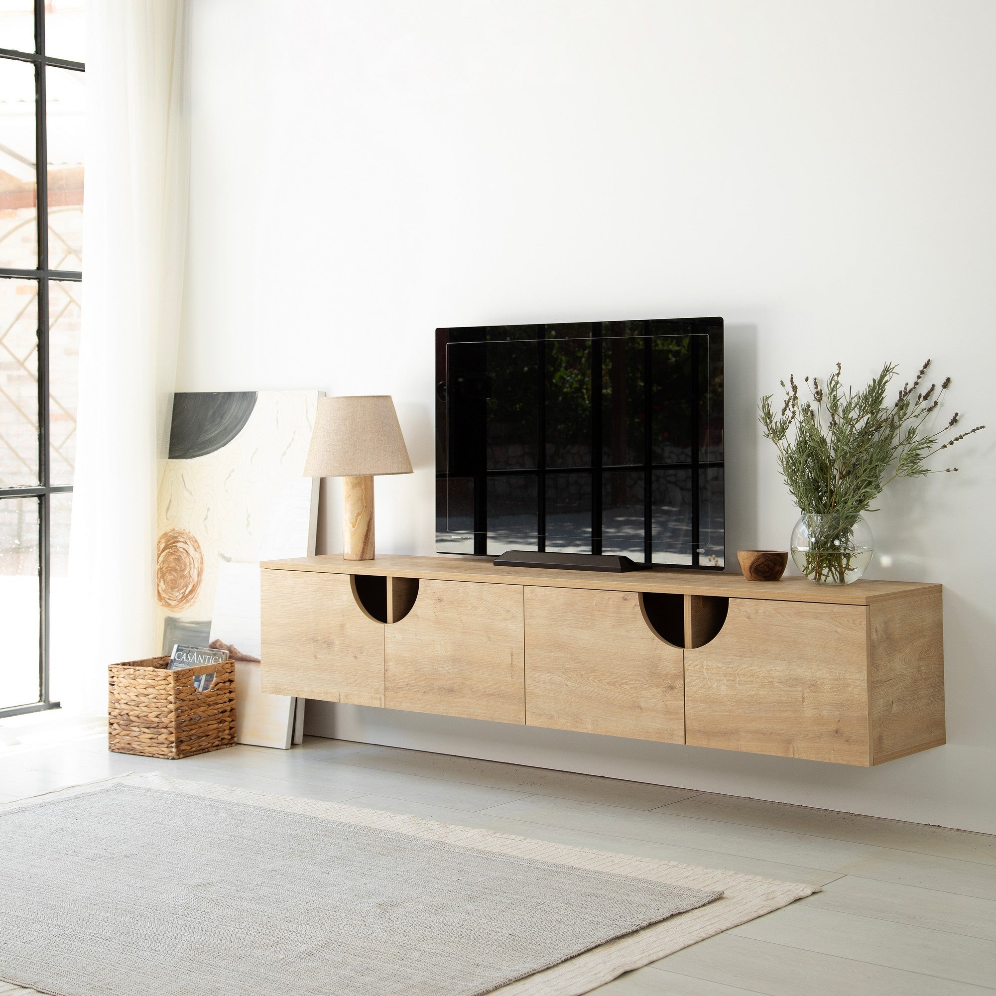 Suporte de TV elegante em carvalho, 180 cm de largura, 35 cm de altura, 35 cm de profundidade | Aglomerado 100% revestido em melamina, 18 mm de espessura | Design moderno, fácil montagem, durável