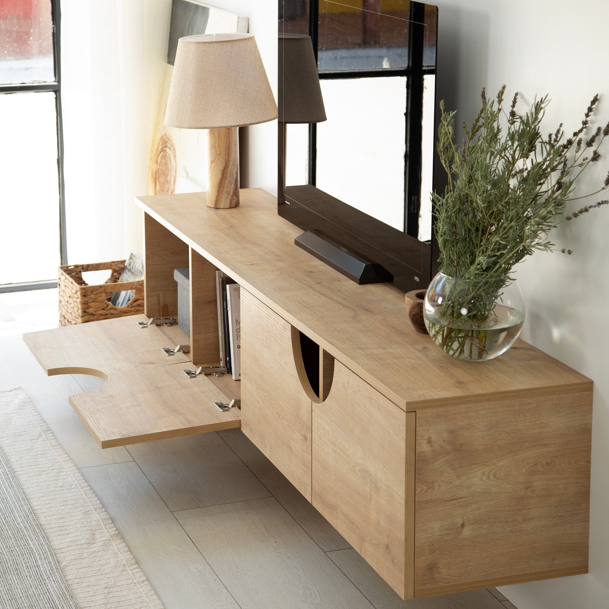 Suporte de TV elegante em carvalho, 180 cm de largura, 35 cm de altura, 35 cm de profundidade | Aglomerado 100% revestido em melamina, 18 mm de espessura | Design moderno, fácil montagem, durável