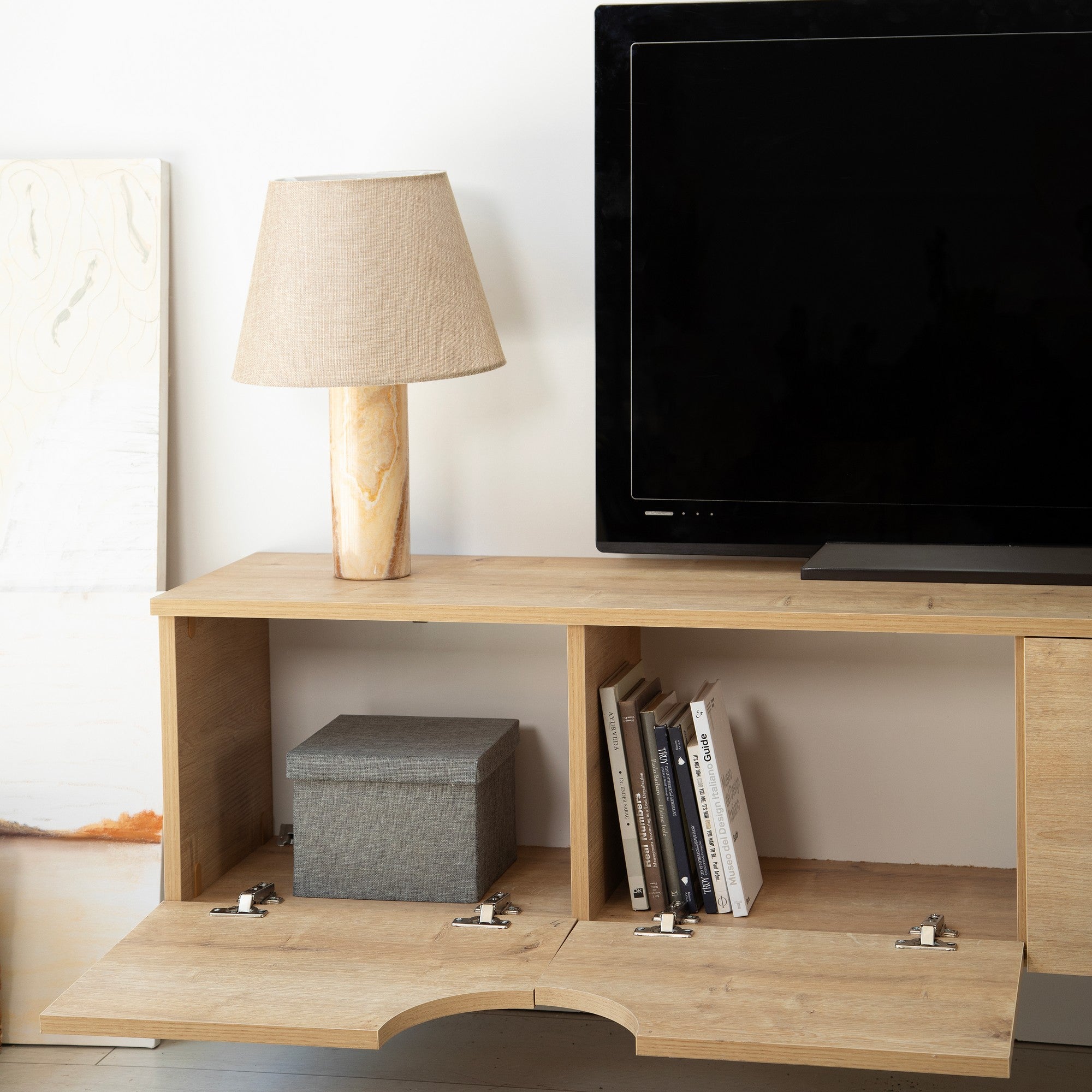 Suporte de TV elegante em carvalho, 180 cm de largura, 35 cm de altura, 35 cm de profundidade | Aglomerado 100% revestido em melamina, 18 mm de espessura | Design moderno, fácil montagem, durável
