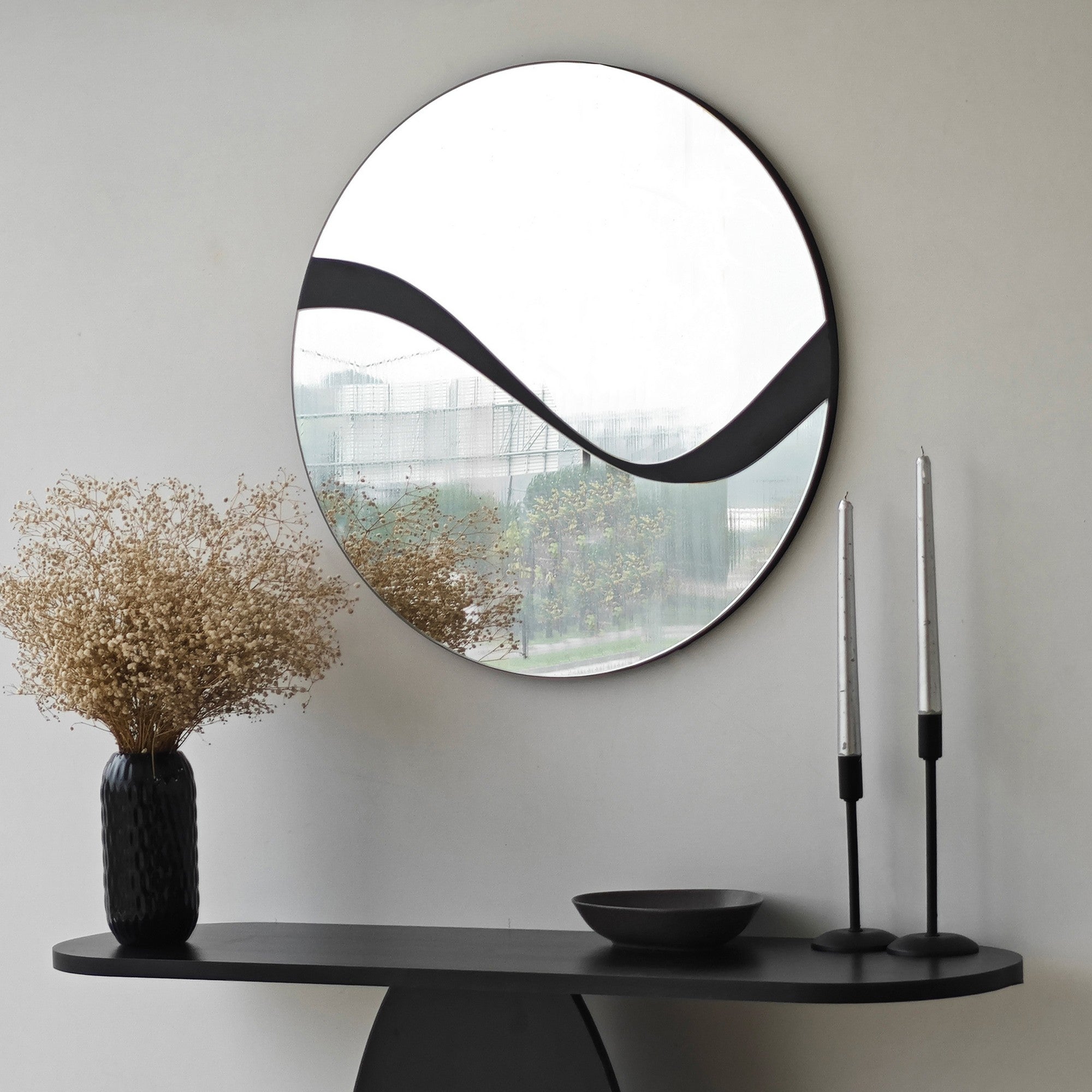 Espelho elegante de parede preto, 70 x 70 cm | Painel de partículas 100% revestido em melamina, cintas de PVC | Design ajustável e ecológico para espaços modernos