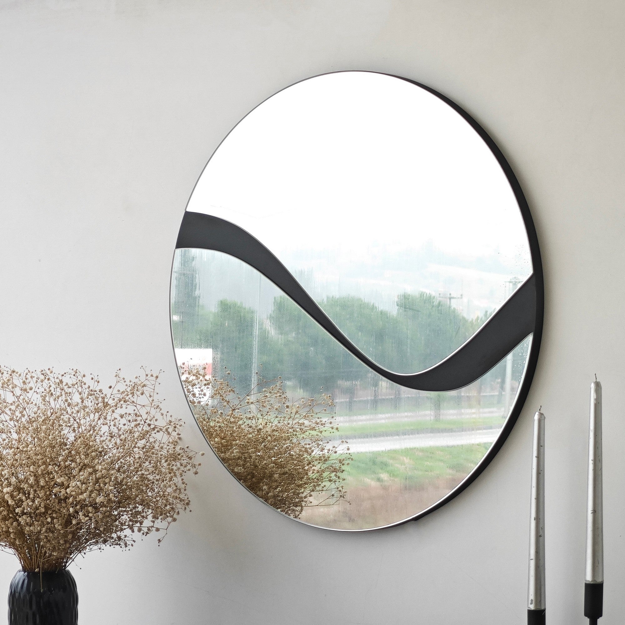 Espelho elegante de parede preto, 70 x 70 cm | Painel de partículas 100% revestido em melamina, cintas de PVC | Design ajustável e ecológico para espaços modernos