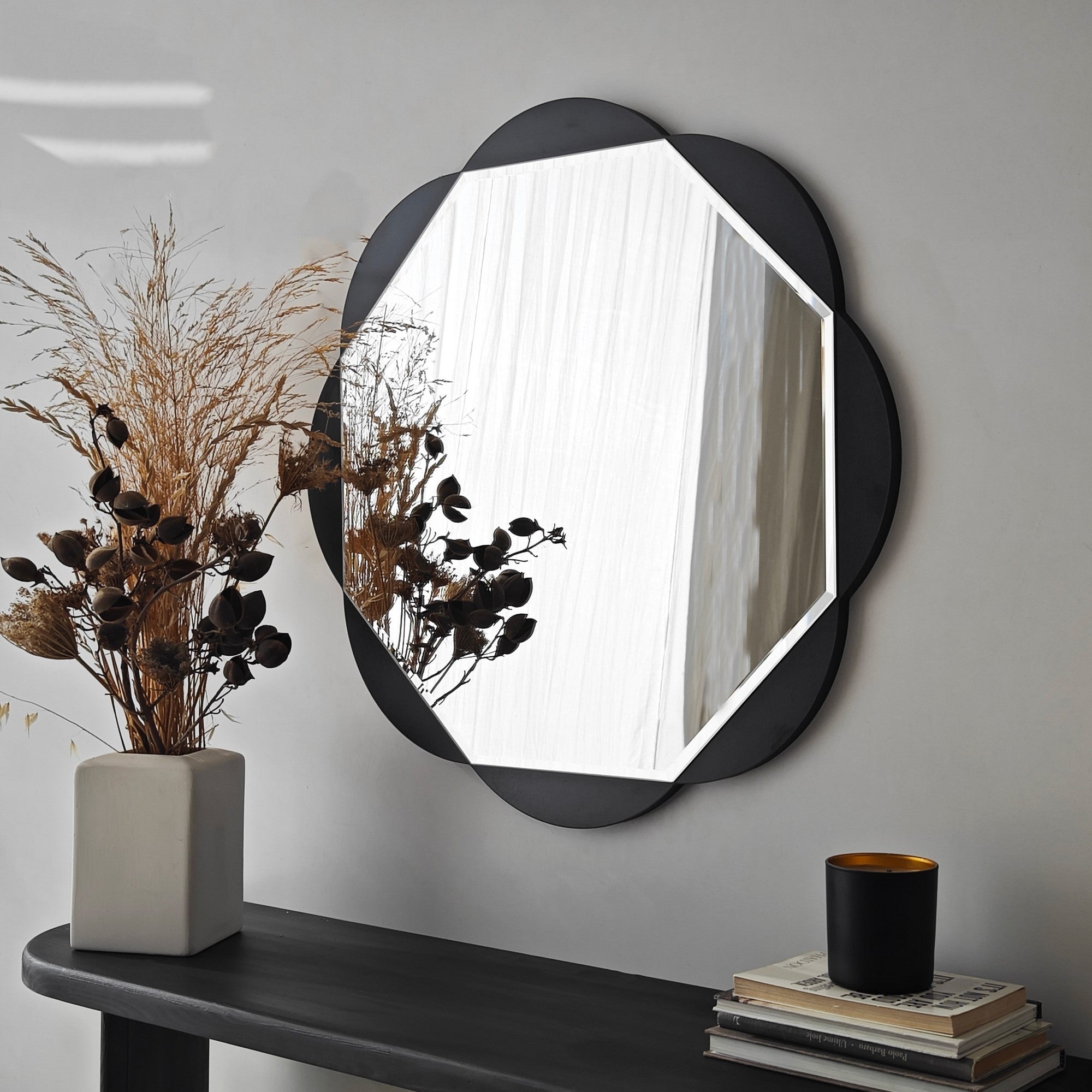 Espelho elegante de parede preto, 65 x 65 cm | Painel de partículas 100% revestido em melamina, cintas de PVC | Design ajustável e ecológico para espaços modernos