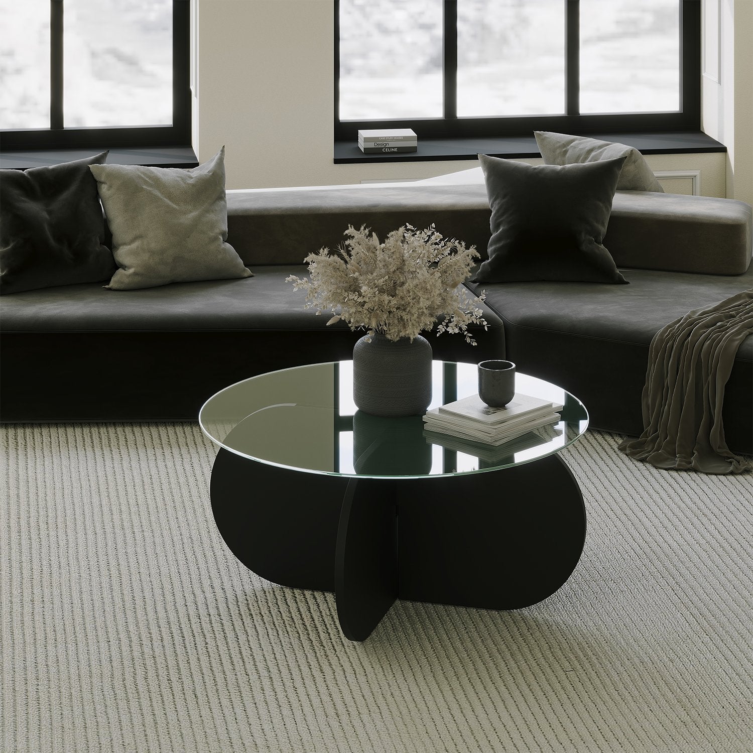 Mesa de Centro Preta Elegante, 75 x 35 x 75 cm | Tampo 100% Vidro Temperado, Estrutura 100% Aglomerado Revestido em Melamina | Cintas de PVC Duráveis, Design Moderno