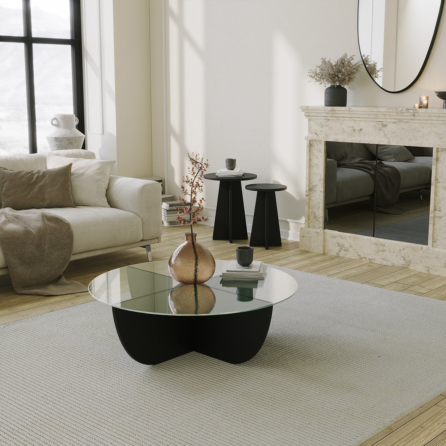 Mesa de Centro Preta Elegante, 90 x 30 x 90 cm | Tampo 100% Vidro Temperado, Estrutura 100% Aglomerado Revestido em Melamina | Cintas de PVC Duráveis, Design Moderno