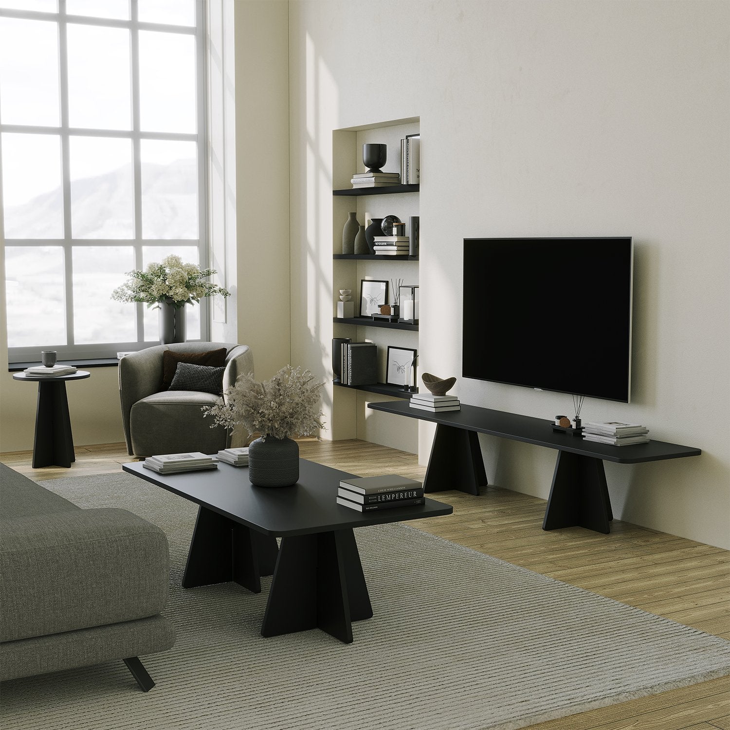 Móvel de TV elegante em preto, 180 cm de largura, 40 cm de altura, 42 cm de profundidade | Painel de partículas 100% revestido em melamina, 18 mm de espessura | Cintas de PVC duráveis, design moderno