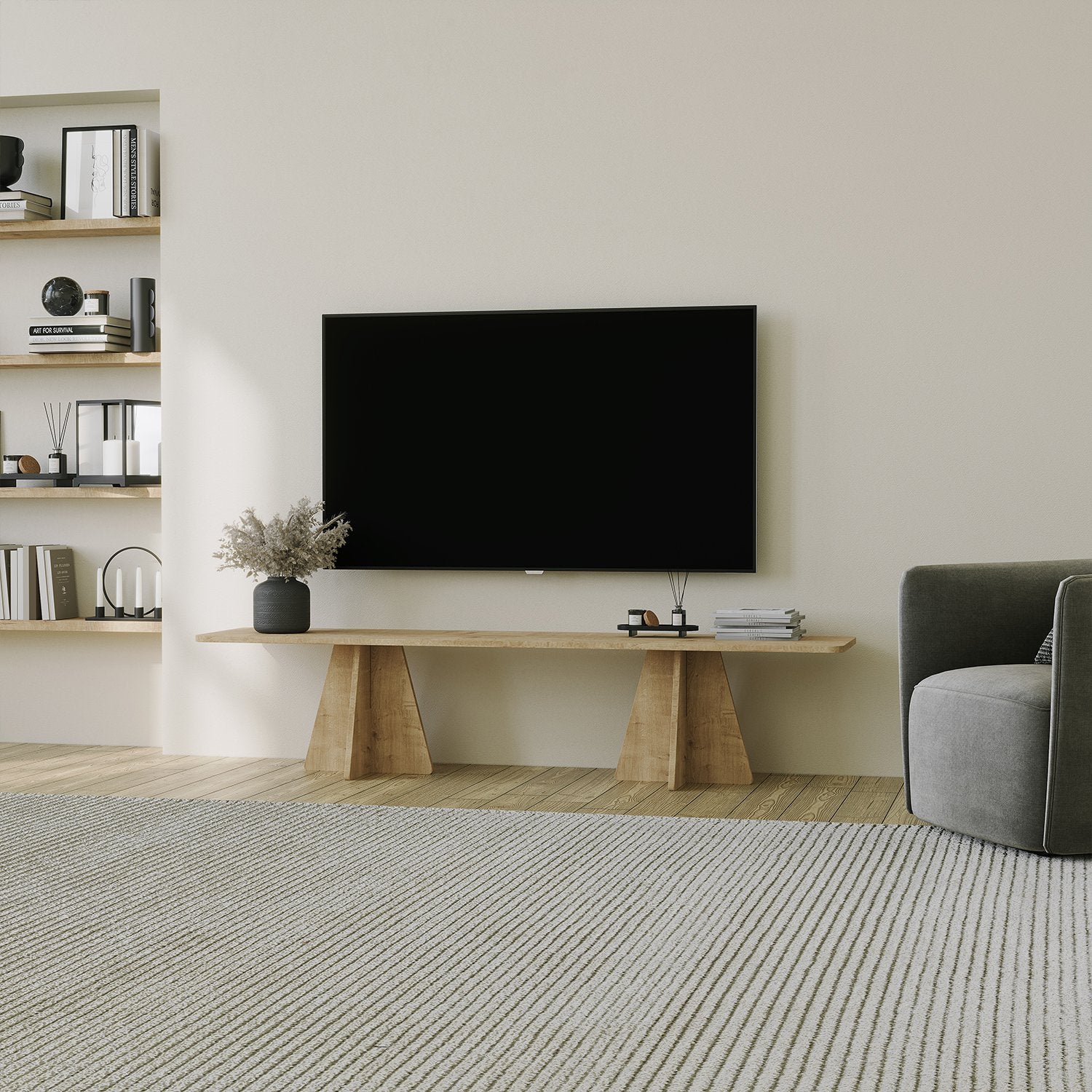 Suporte de TV em carvalho safira, 180 cm de largura, 40 cm de altura, 42 cm de profundidade | Painel de partículas 100% revestido em melamina, 18 mm de espessura | Elegante e funcional para salas de estar modernas