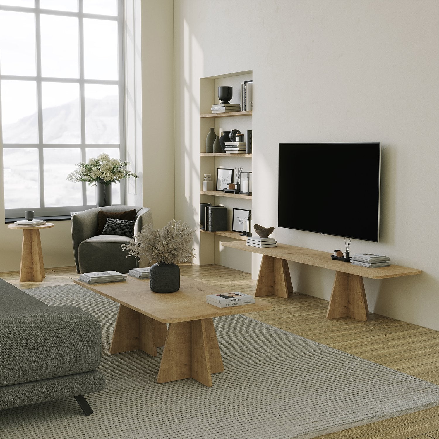 Suporte de TV em carvalho safira, 180 cm de largura, 40 cm de altura, 42 cm de profundidade | Painel de partículas 100% revestido em melamina, 18 mm de espessura | Elegante e funcional para salas de estar modernas