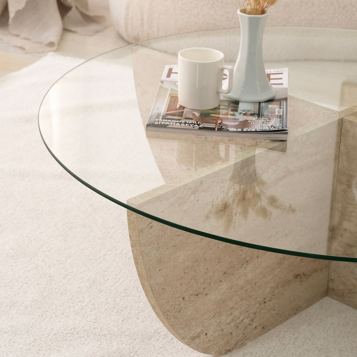 Mesa de Centro Elegante com Tampo 100% Vidro e Base Revestida em Melamina, 90 cm de Diâmetro e 30 cm de Altura | Design Elegante em Mármore Travertino para Espaços Modernos
