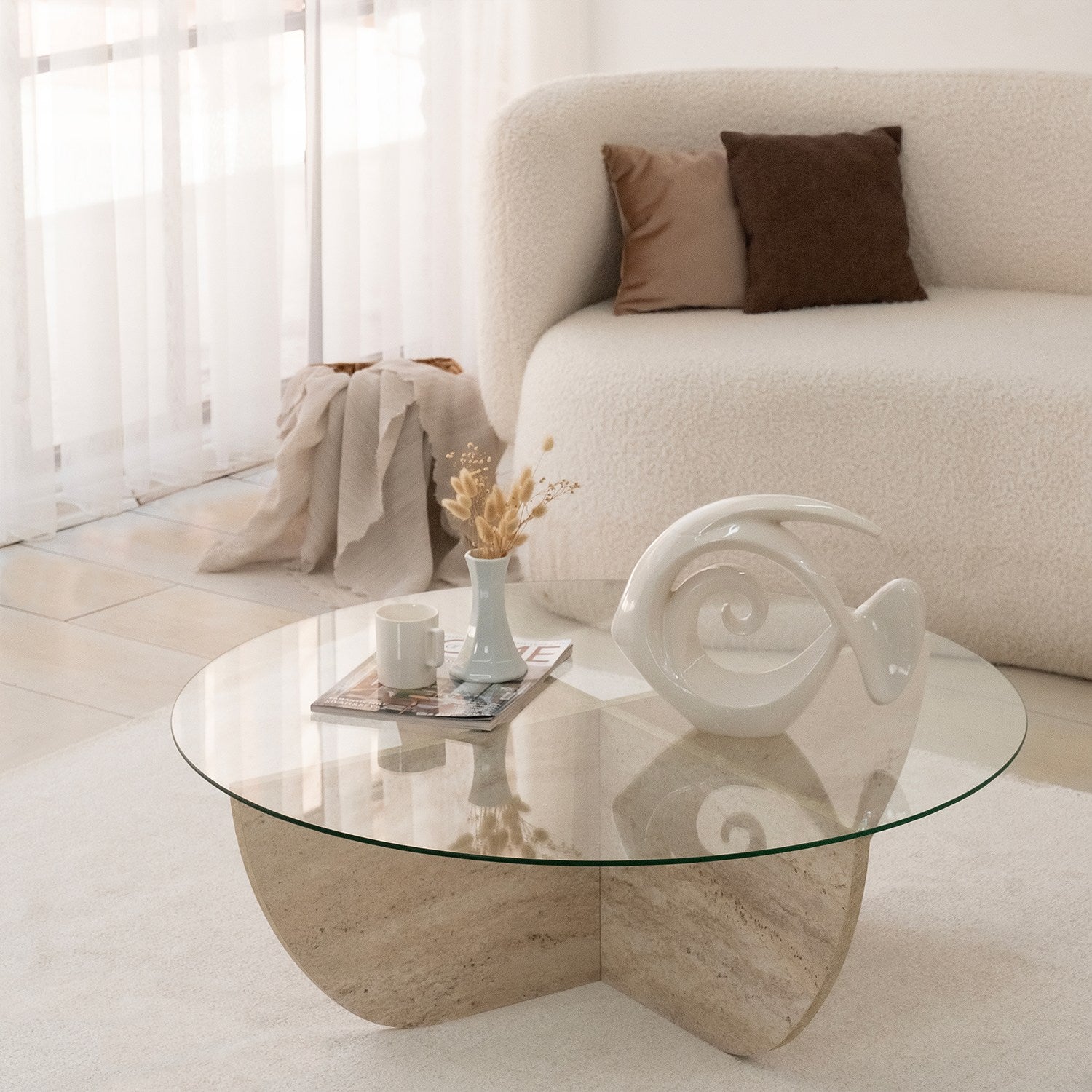 Mesa de Centro Elegante com Tampo 100% Vidro e Base Revestida em Melamina, 90 cm de Diâmetro e 30 cm de Altura | Design Elegante em Mármore Travertino para Espaços Modernos