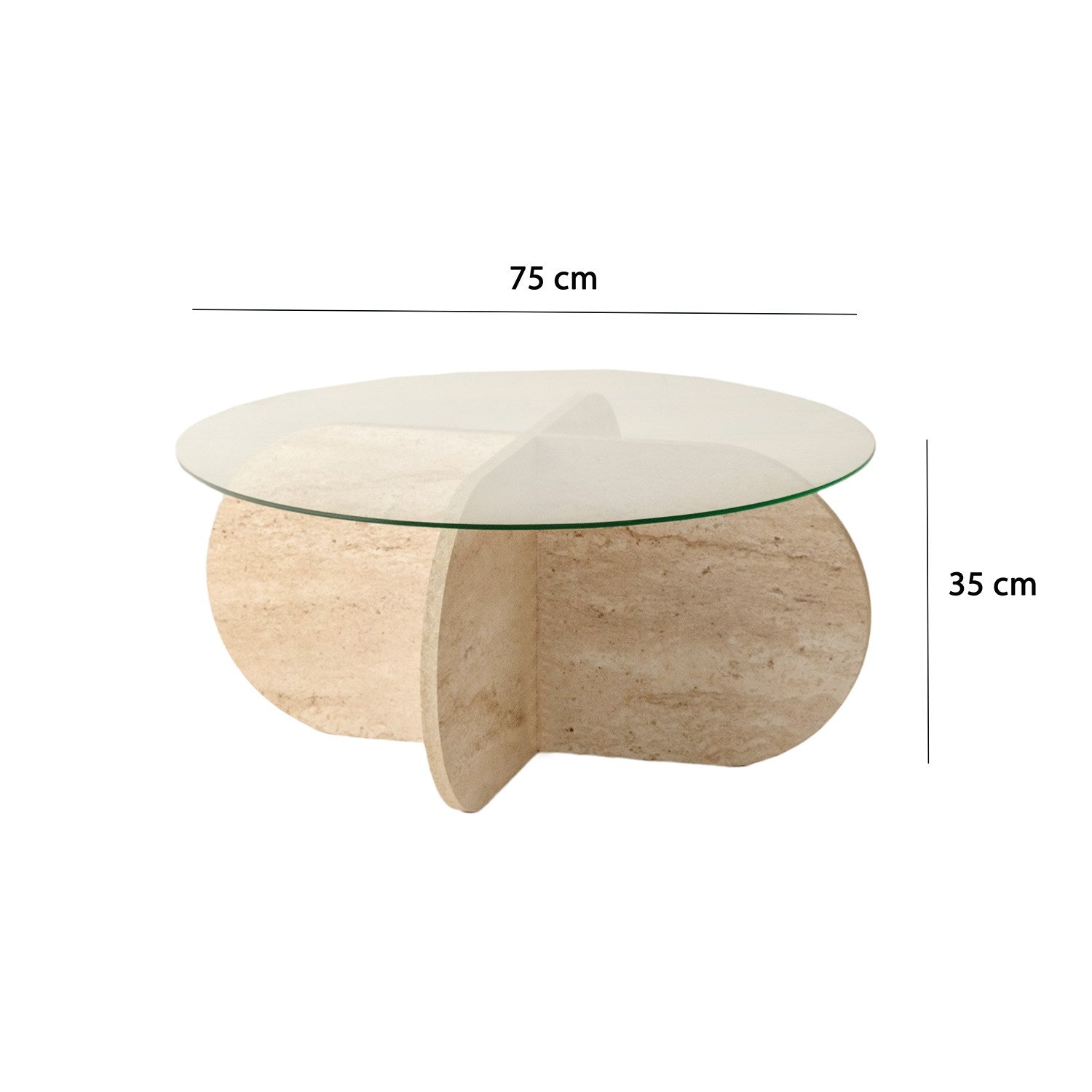 Mesa de Centro Elegante, 75 cm de Diâmetro, 35 cm de Altura | Tampo 100% Vidro e Base em Aglomerado de Madeira Revestida com Melamina | Design Elegante em Mármore Travertino para Espaços Modernos