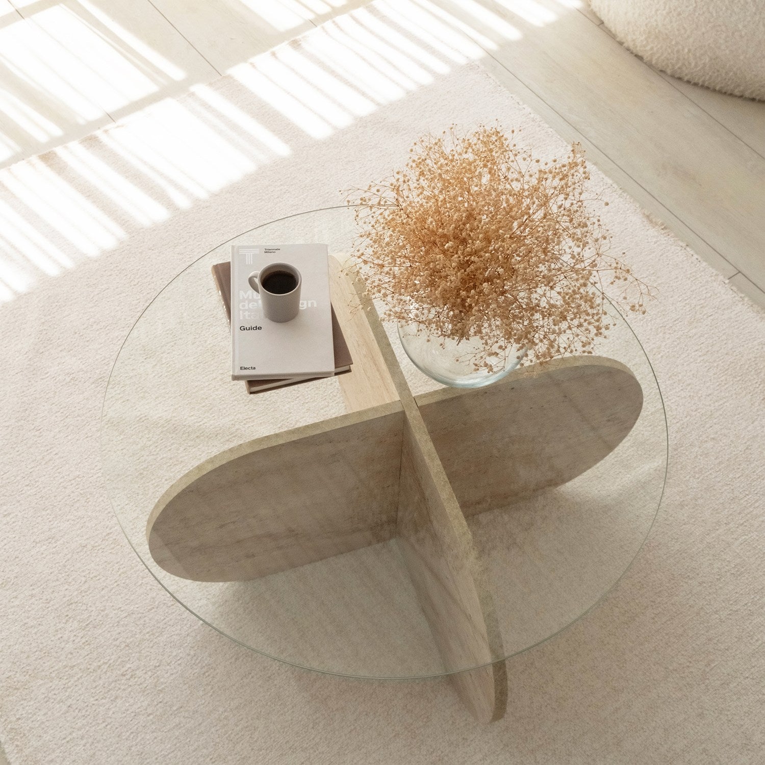 Mesa de Centro Elegante, 75 cm de Diâmetro, 35 cm de Altura | Tampo 100% Vidro e Base em Aglomerado de Madeira Revestida com Melamina | Design Elegante em Mármore Travertino para Espaços Modernos