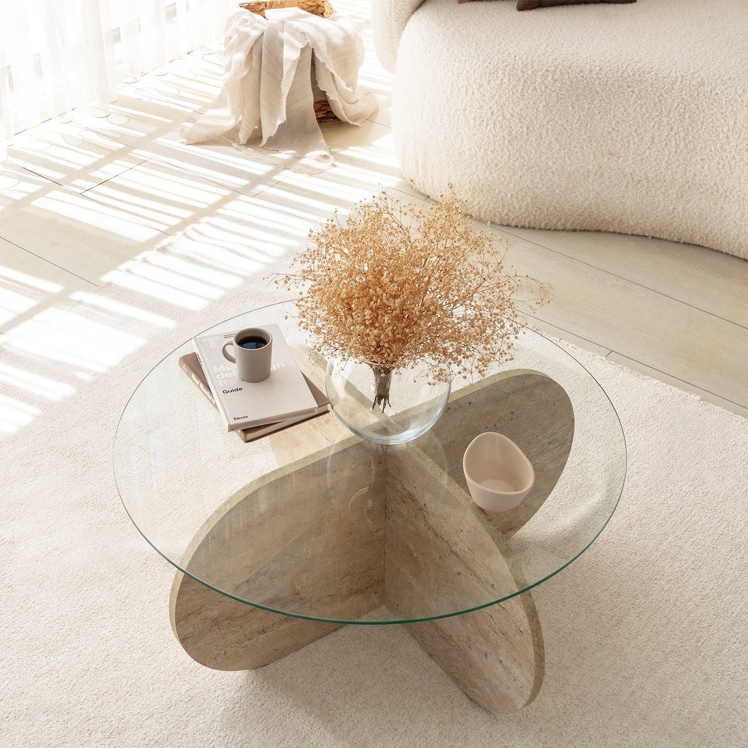 Mesa de Centro Elegante, 75 cm de Diâmetro, 35 cm de Altura | Tampo 100% Vidro e Base em Aglomerado de Madeira Revestida com Melamina | Design Elegante em Mármore Travertino para Espaços Modernos