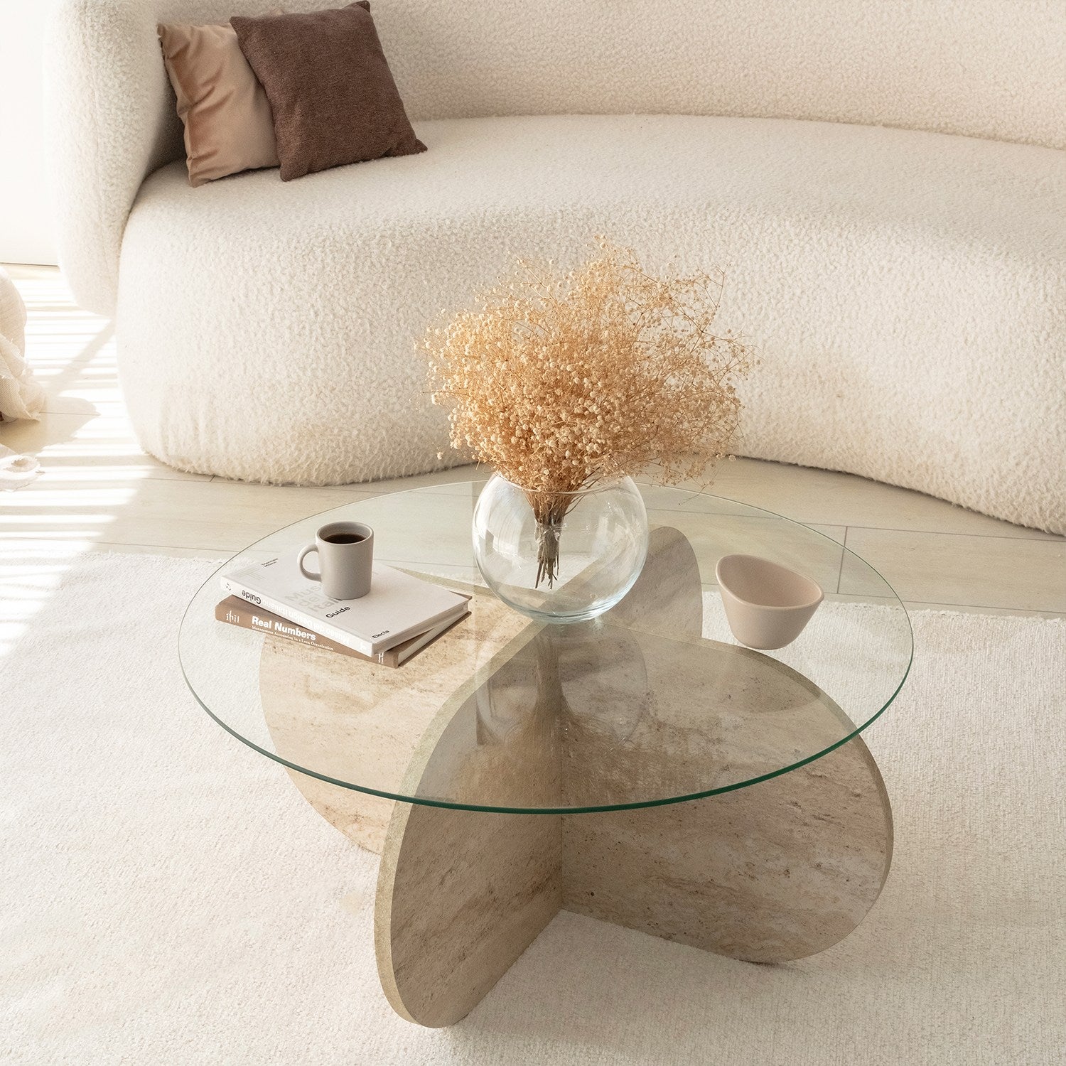 Mesa de Centro Elegante, 75 cm de Diâmetro, 35 cm de Altura | Tampo 100% Vidro e Base em Aglomerado de Madeira Revestida com Melamina | Design Elegante em Mármore Travertino para Espaços Modernos