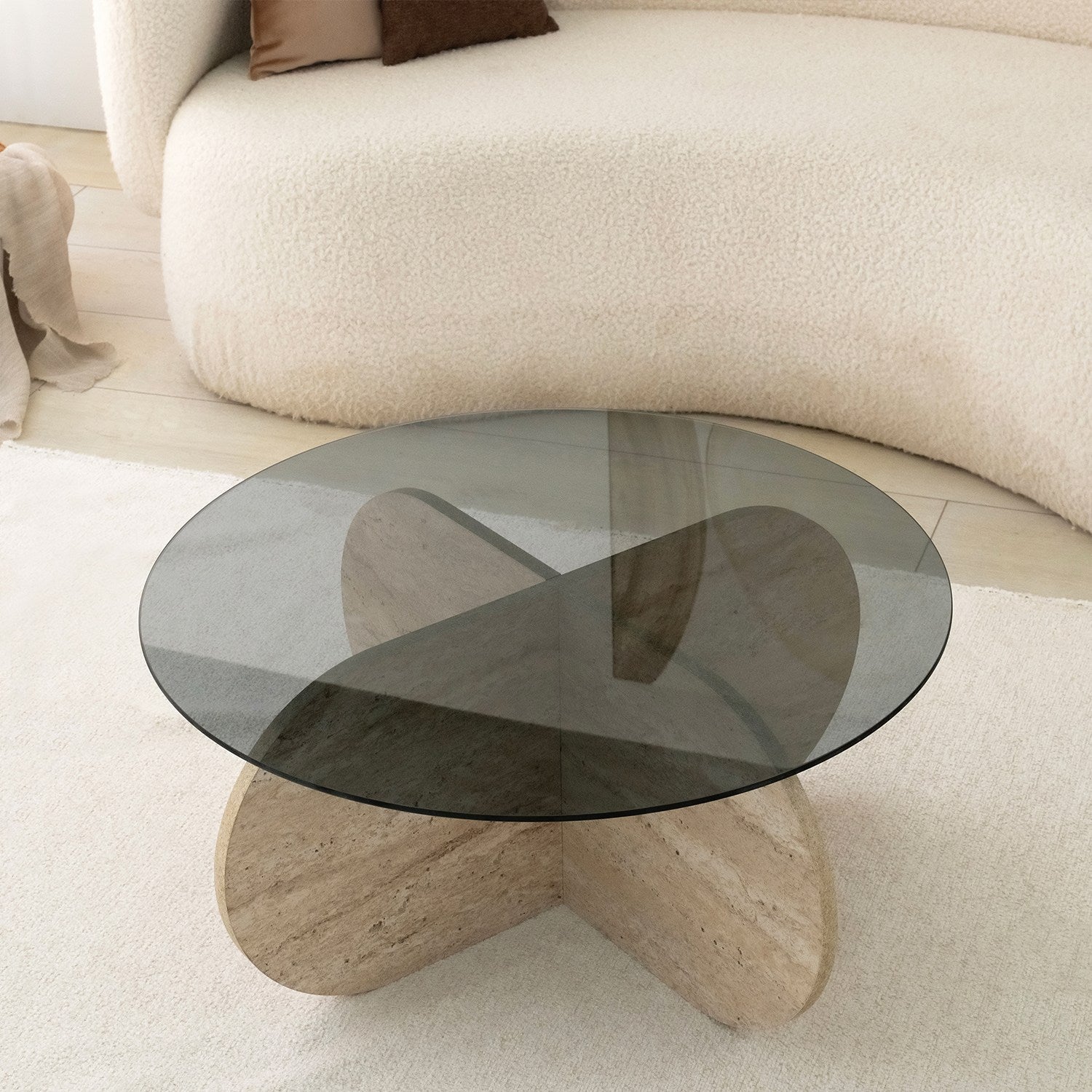 Mesa de Centro Elegante com Tampo 100% Vidro e Base Revestida em Melamina, 75 cm de Diâmetro, 35 cm de Altura | Cores Elegantes em Travertino e Fumê | Design Moderno em Mármore