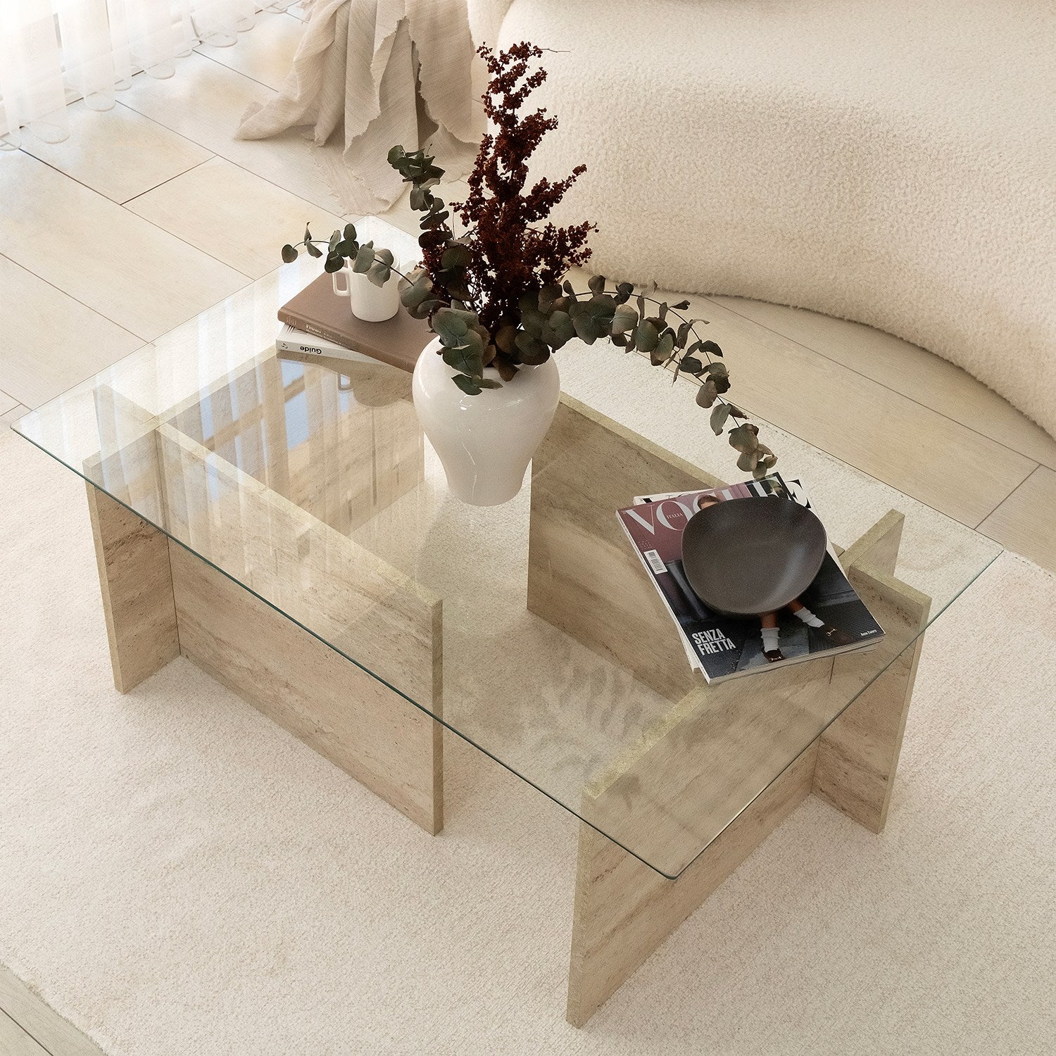 Mesa de Centro Elegante, Cor Travertino, 105 x 65 x 40 cm | Tampo 100% Vidro e 100% Painel de Partículas Revestido em Melamina, 18 mm de Espessura | Design Elegante em Mármore para Espaços Modernos