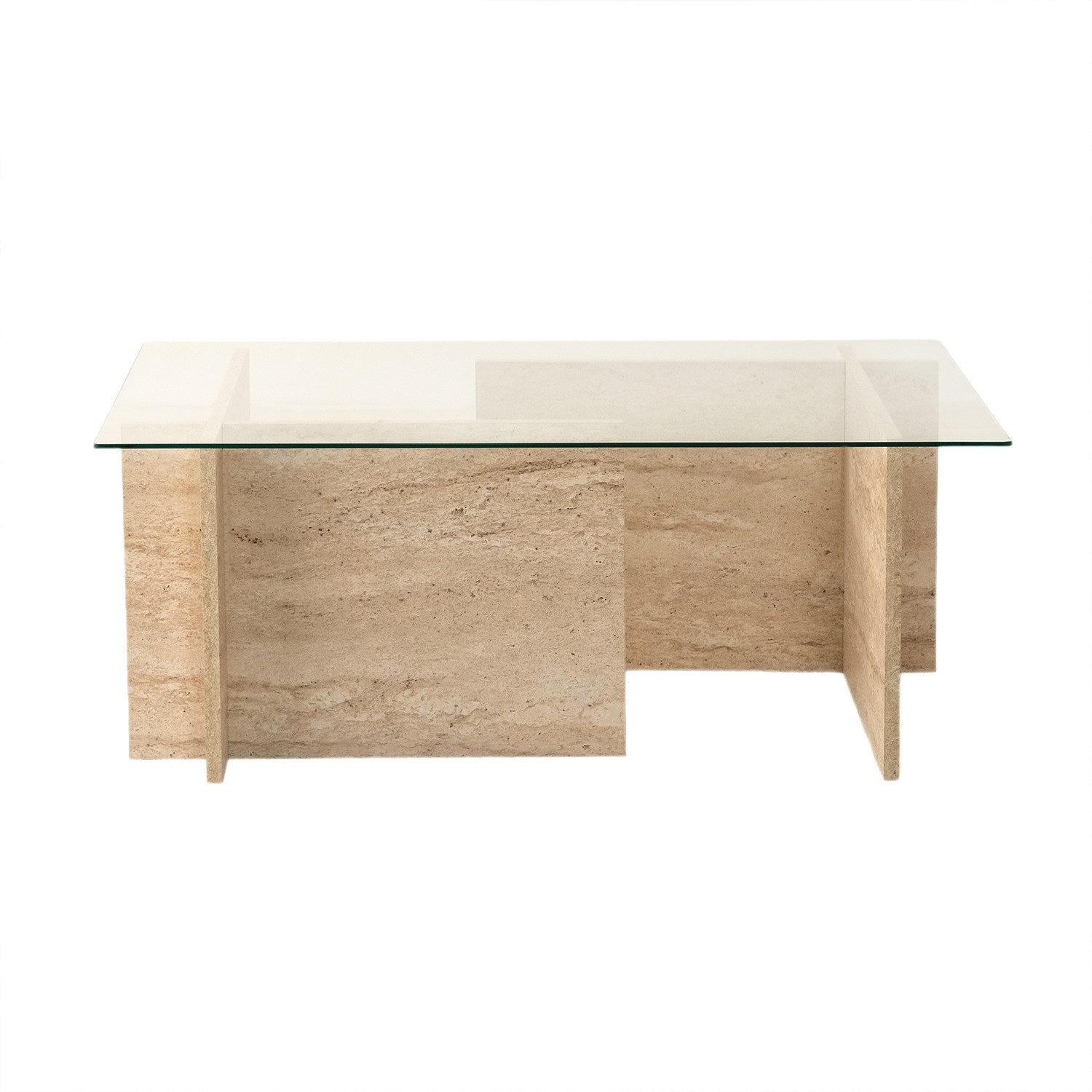 Mesa de Centro Elegante, Cor Travertino, 105 x 65 x 40 cm | Tampo 100% Vidro e 100% Painel de Partículas Revestido em Melamina, 18 mm de Espessura | Design Elegante em Mármore para Espaços Modernos