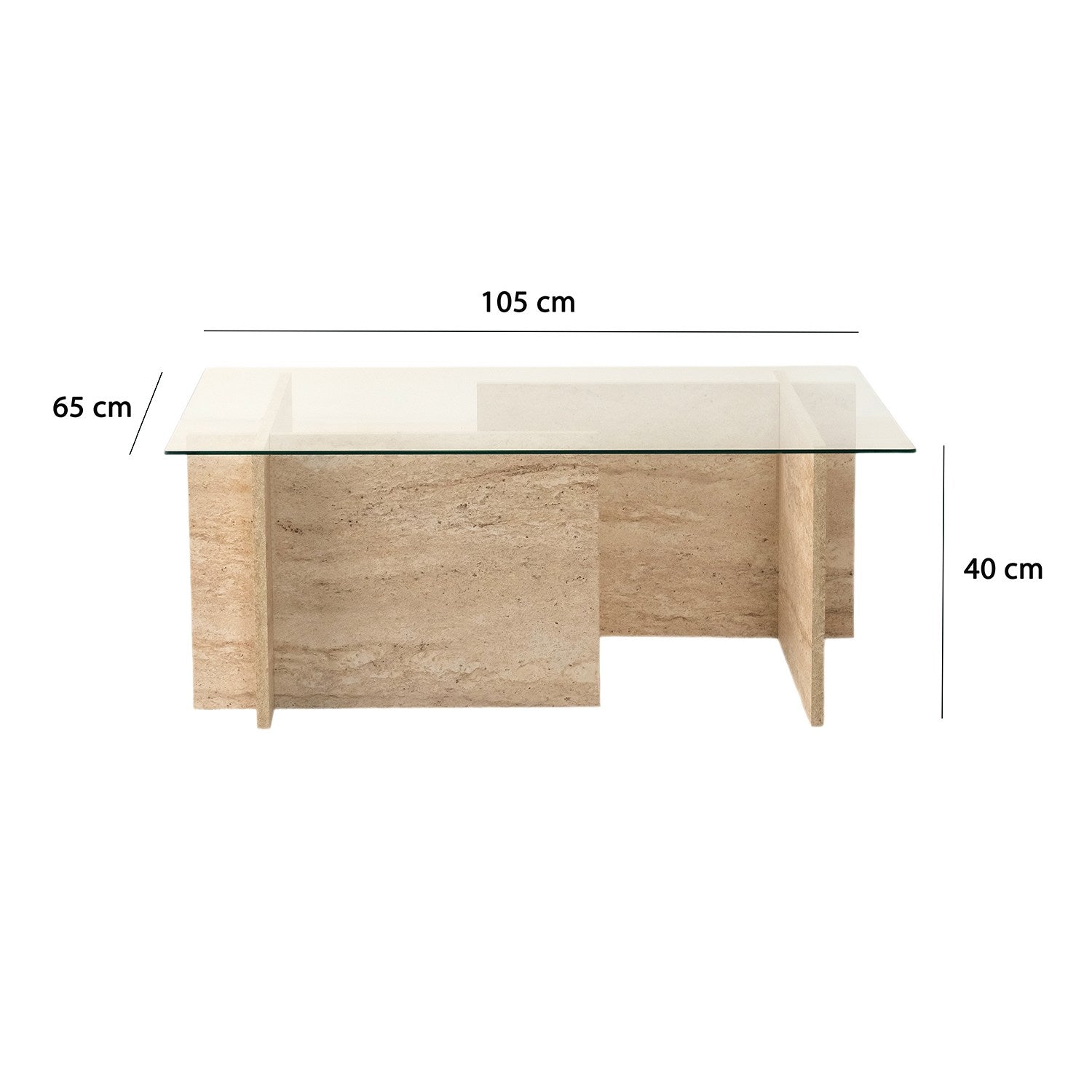 Mesa de Centro Elegante, Cor Travertino, 105 x 65 x 40 cm | Tampo 100% Vidro e 100% Painel de Partículas Revestido em Melamina, 18 mm de Espessura | Design Elegante em Mármore para Espaços Modernos