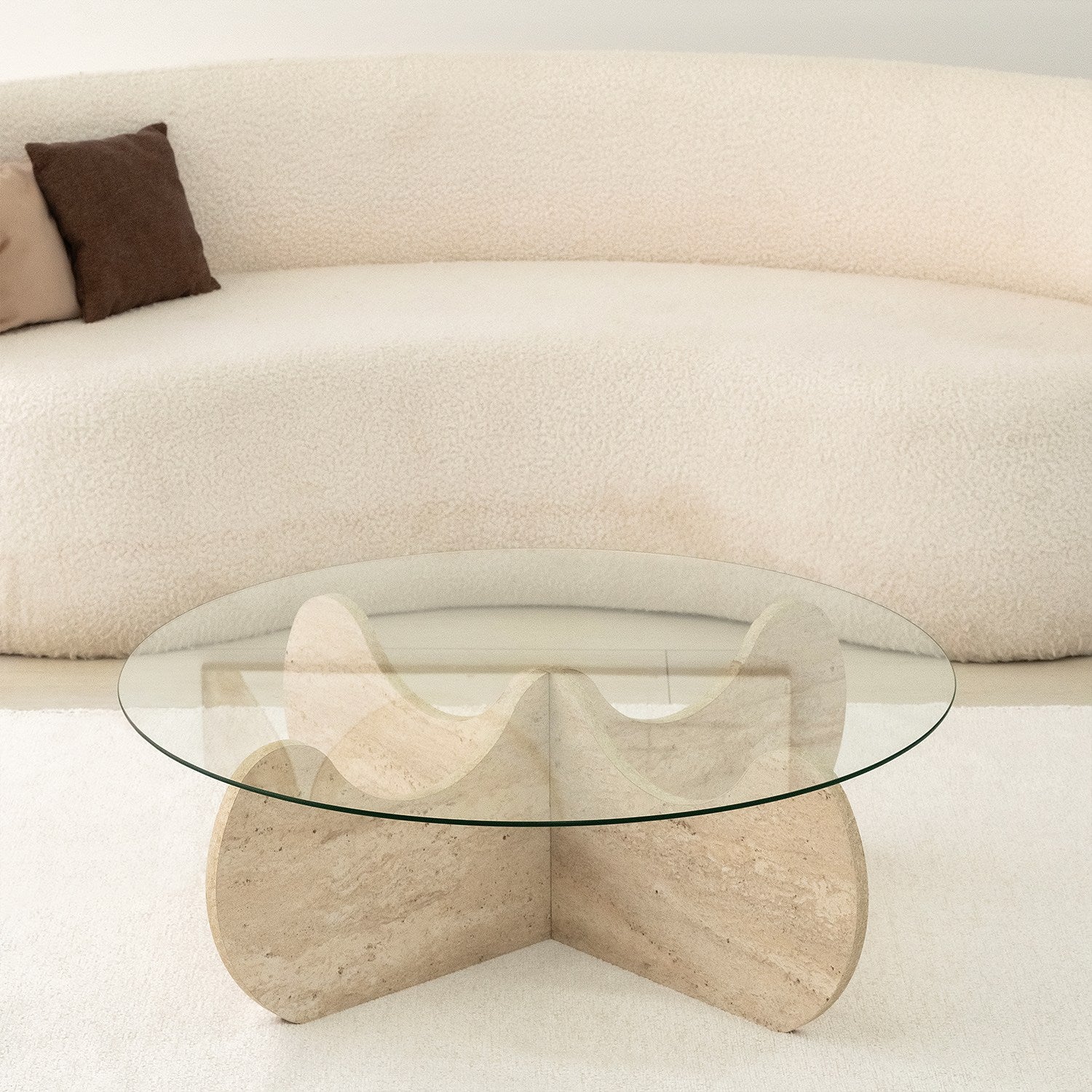 Mesa de Centro Elegante com Tampo 100% Vidro e Base Revestida em Melamina, 90 cm de Diâmetro e 30 cm de Altura | Design Elegante em Mármore Travertino para Espaços Modernos