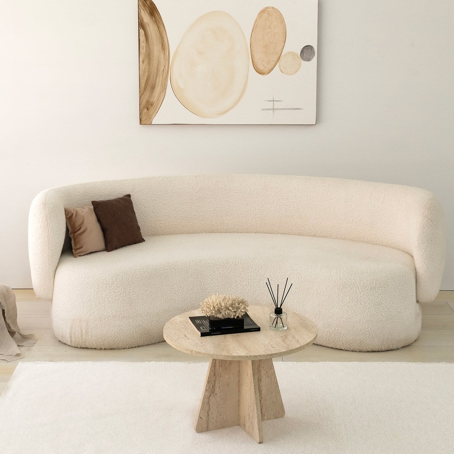 Mesa de Centro Elegante, Cor Travertino, 60 cm de Diâmetro x 40 cm de Altura | Painel de Partículas 100% Revestido em Melamina, 18 mm de Espessura | Design Elegante em Mármore para Espaços Modernos