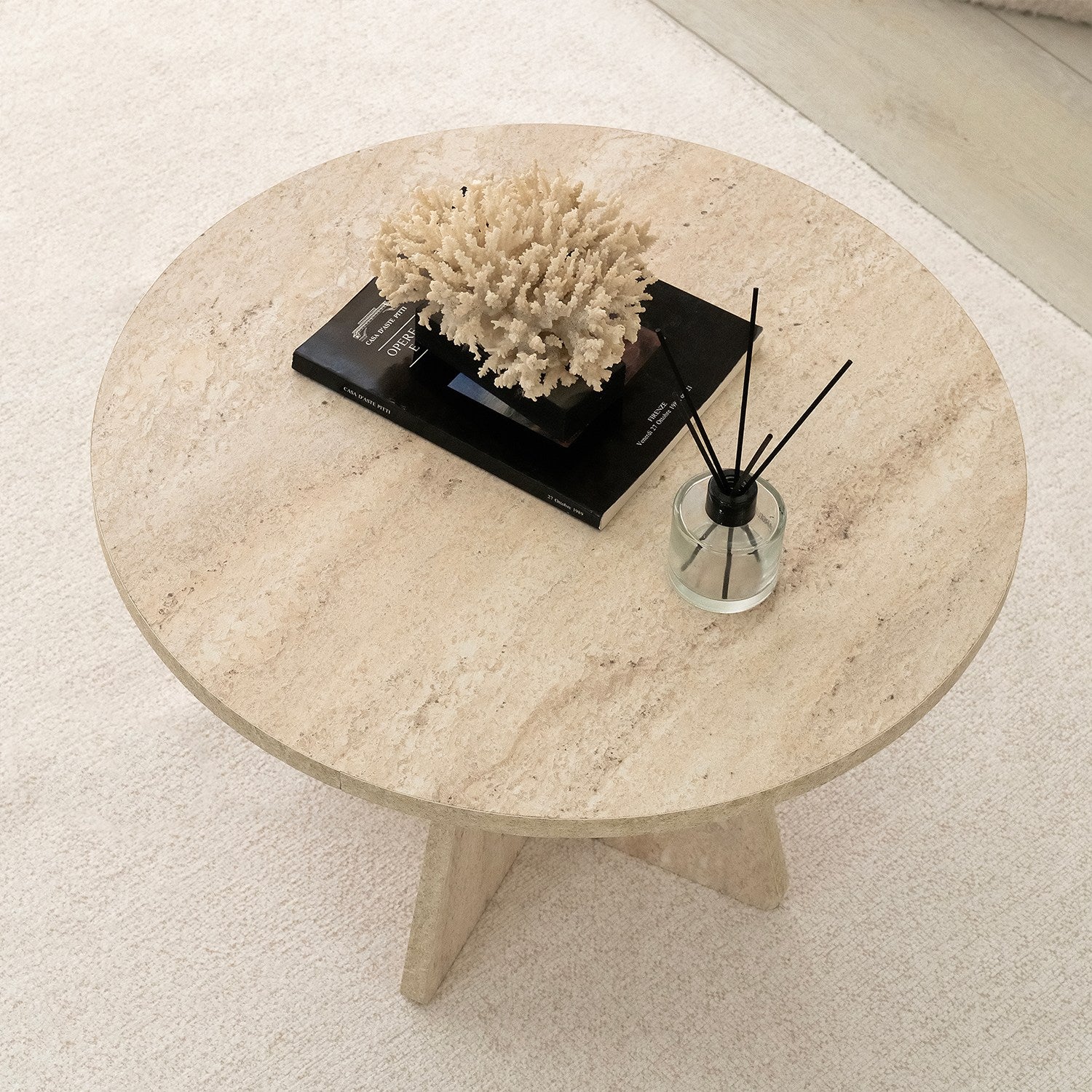 Mesa de Centro Elegante, Cor Travertino, 60 cm de Diâmetro x 40 cm de Altura | Painel de Partículas 100% Revestido em Melamina, 18 mm de Espessura | Design Elegante em Mármore para Espaços Modernos