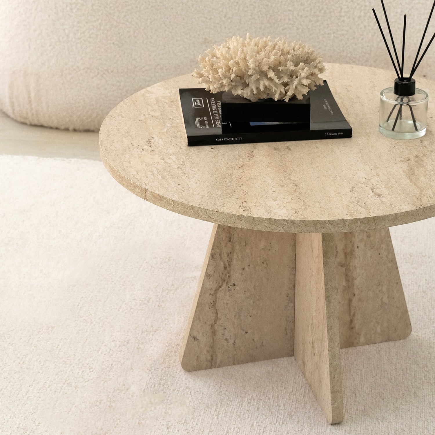 Mesa de Centro Elegante, Cor Travertino, 60 cm de Diâmetro x 40 cm de Altura | Painel de Partículas 100% Revestido em Melamina, 18 mm de Espessura | Design Elegante em Mármore para Espaços Modernos