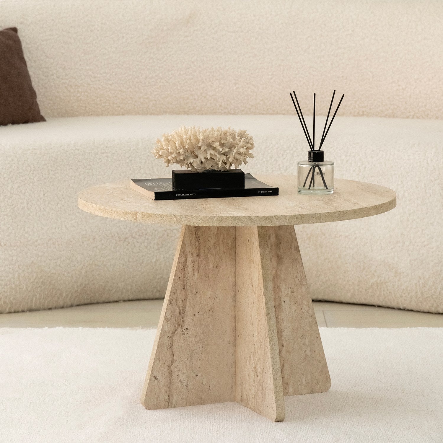 Mesa de Centro Elegante, Cor Travertino, 60 cm de Diâmetro x 40 cm de Altura | Painel de Partículas 100% Revestido em Melamina, 18 mm de Espessura | Design Elegante em Mármore para Espaços Modernos