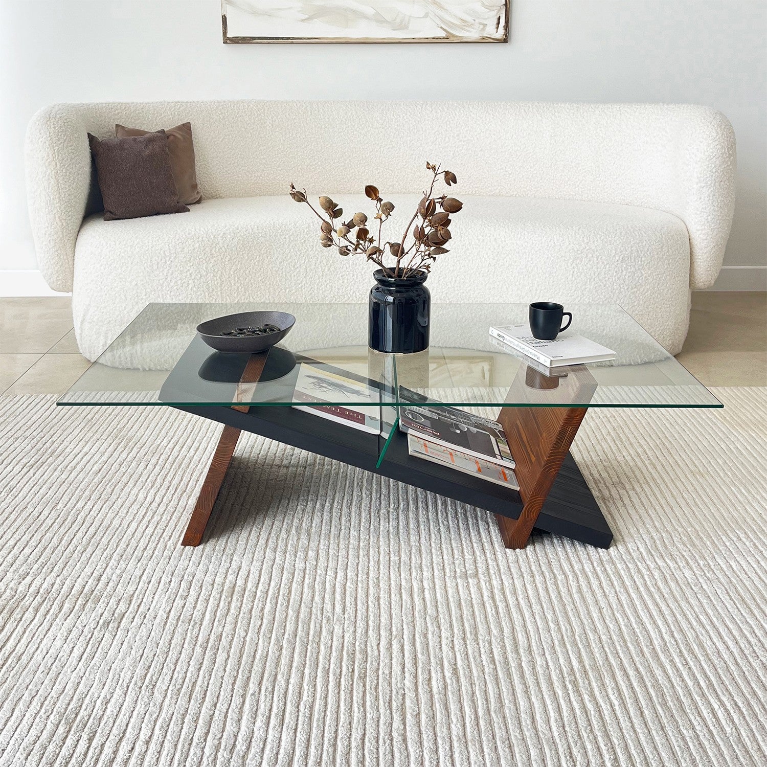 Mesa de centro elegante, 105 cm x 31 cm x 65 cm | 100% vidro temperado e estrutura de madeira maciça de pinho | Acabamento preto e castanho | Perfeita para salas de estar modernas